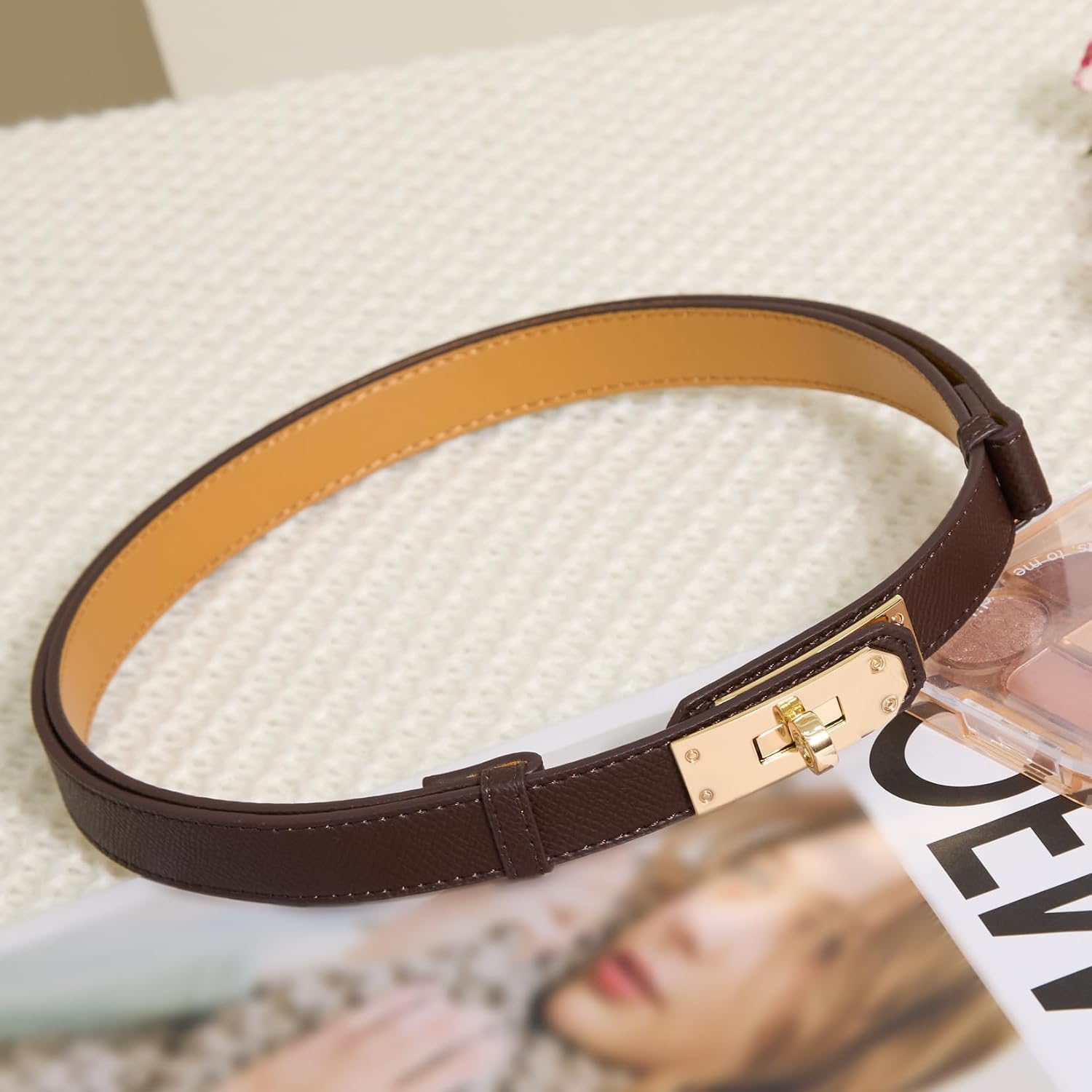 Women’s Skinny Leather Belt with Gold or Silver Turn-Lock Buckle – Adjustable Thin Belt for Dresses, Office & Wedding thumbnail