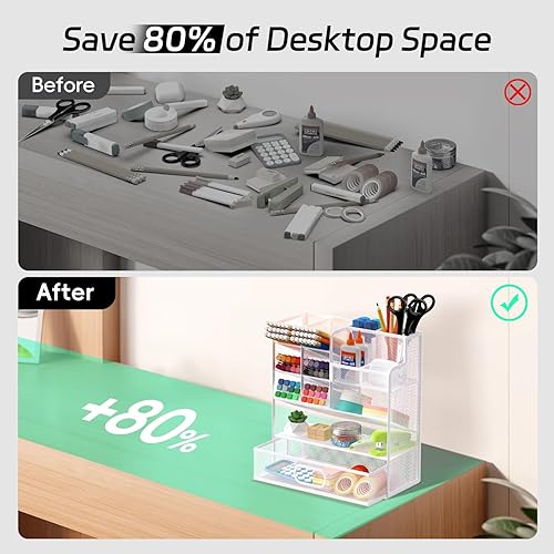 Miniatura 5 de Organizador de bolígrafos de malla para escritorio, soporte multifuncional para lápices con cajones, organizador de escritorio de gran capacidad