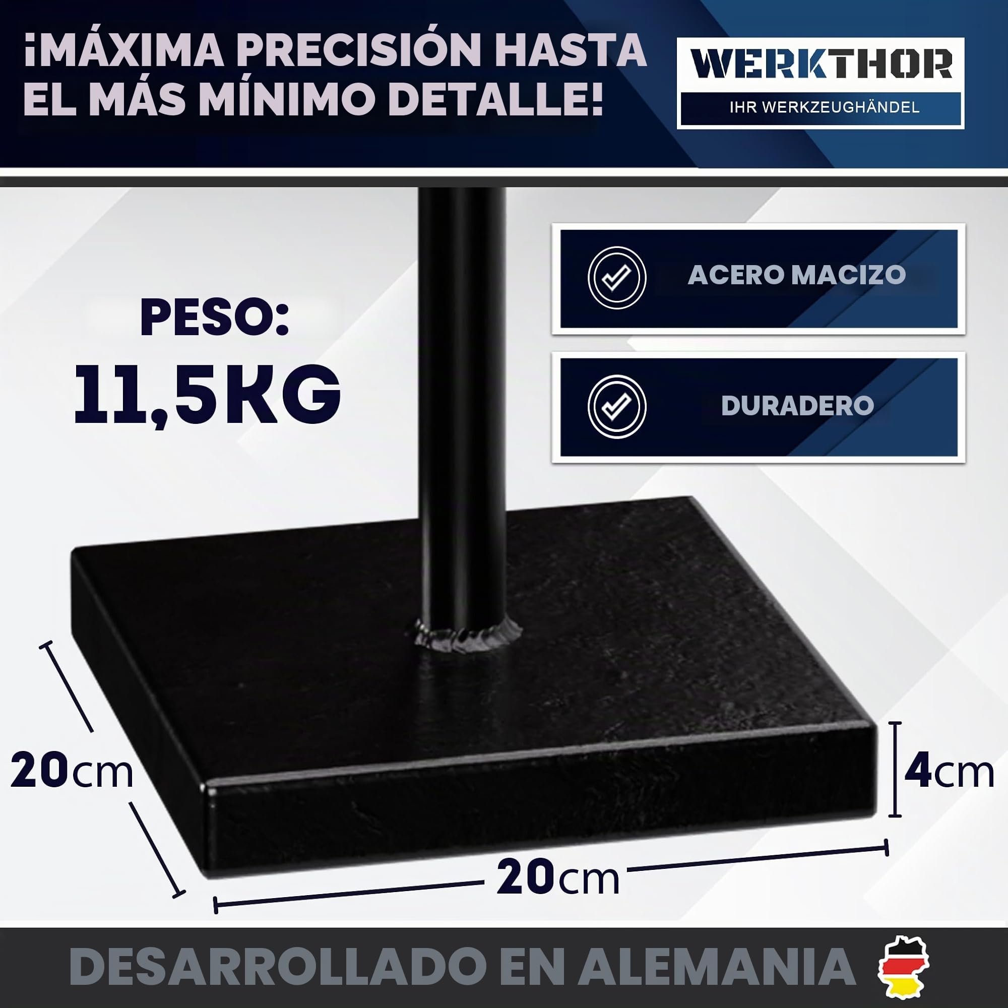 WERKTHOR Compactadora de Tierra manual de 11,5 kg de acero – Compactador de suelo con placa de 20 x 20 cm y mango T de 83 cm – Herramienta para compactar tierra, asfalto y grava