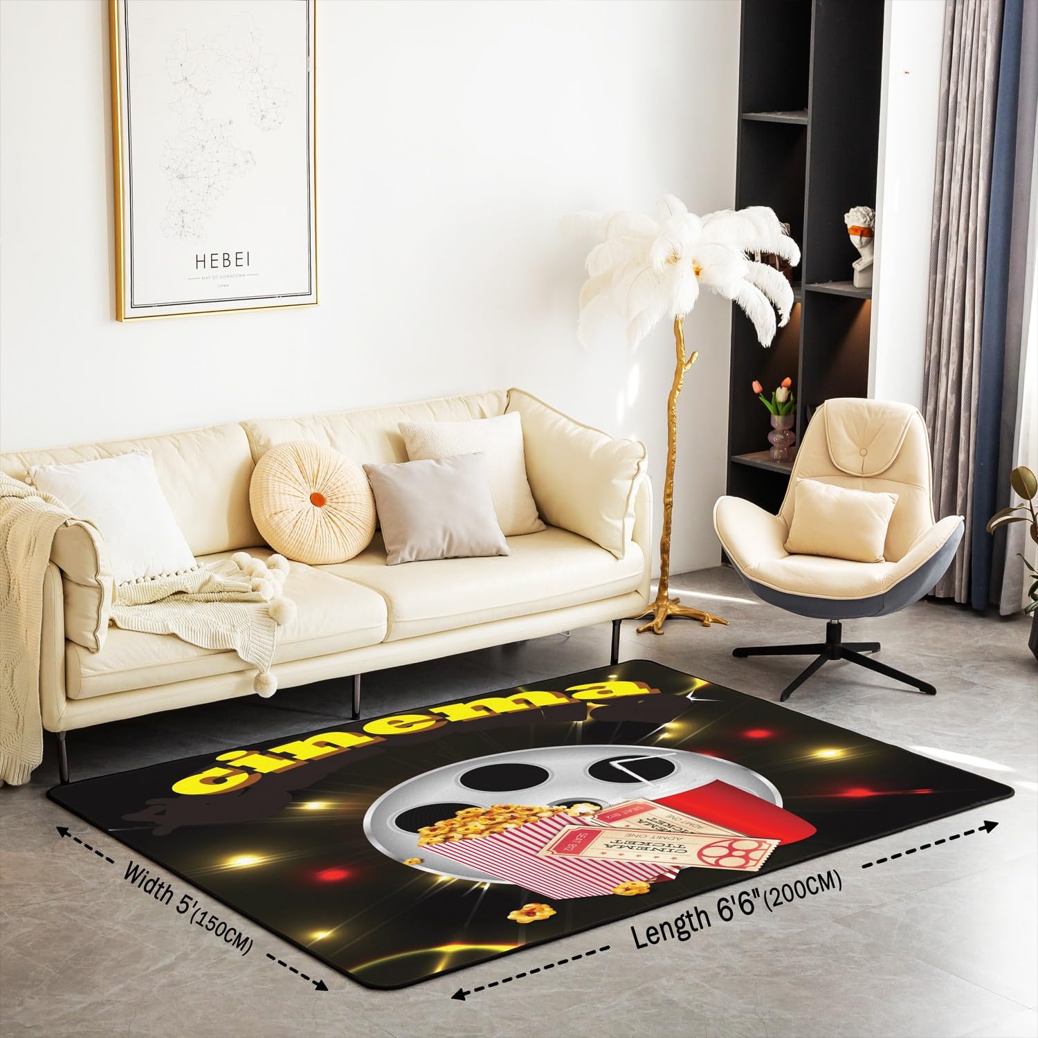 Tappeto decorativo a tema cinematografico, 150 x 200 cm, decorazione per cinema, soggiorno, per bambini, ragazzi e ragazze, decorazione per la notte del cinema, tappeto decorativo popcorn