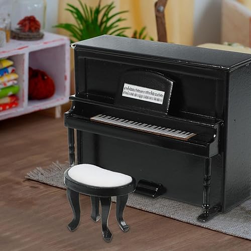 Miniatura 10 de GANAZONO 1 juego de piano de casa de muñecas 112 en miniatura de simulación de madera vertical con taburete para fotos de casa de muñecas,