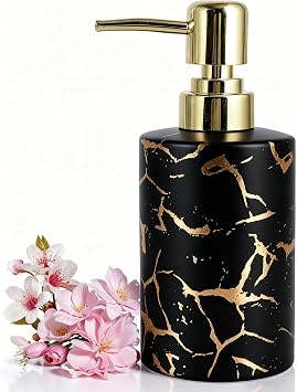 Gold Bathroom Soap Dispenser,Gold Pump Ceramic Soap Dispenser,Kitchen Marbling Empty Pump Bottle,Bath Countertop Storage Organizer Marble Bathroom Decor Black