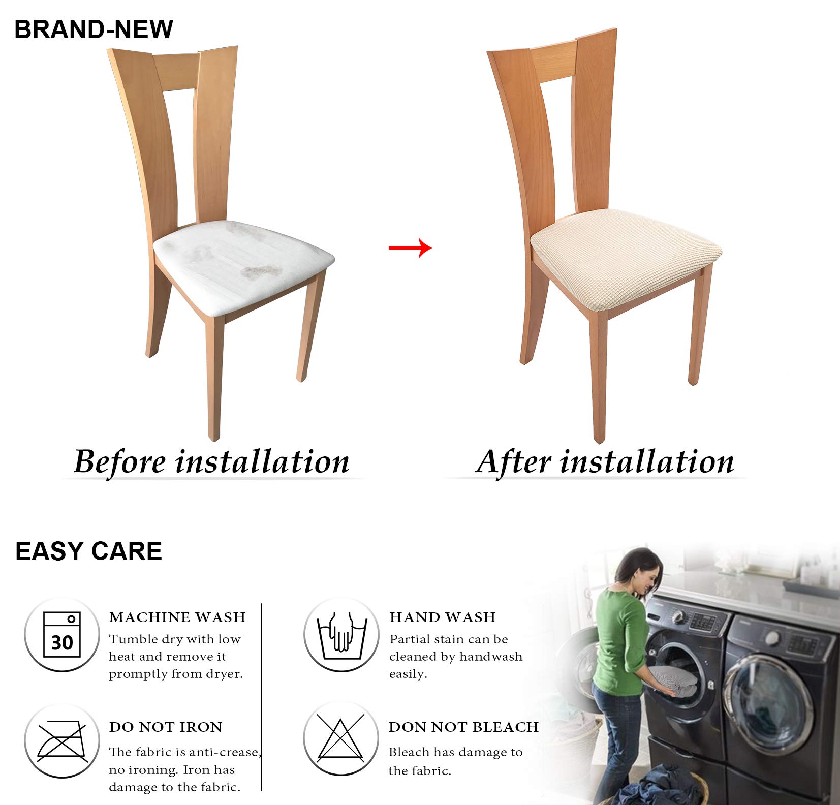 TIANSHU Fundas de Asiento de Silla Jacquard de Licra, ExtraíBles, Lavables, EláSticas, Fundas de CojíN para Sillas de Comedor (Paquete de 6,Beige)