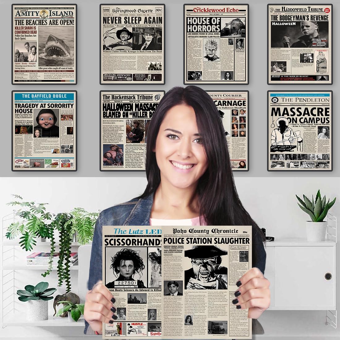 TYZZHOA 12Pcs Vintage Horror Movie Newspaper Article Poster Classic Scary Movie Character Poster Newspaper Art Prints Home Theater Set for Man Cave Living Room Bedroom Unframed 8X 10 Inch image 2
