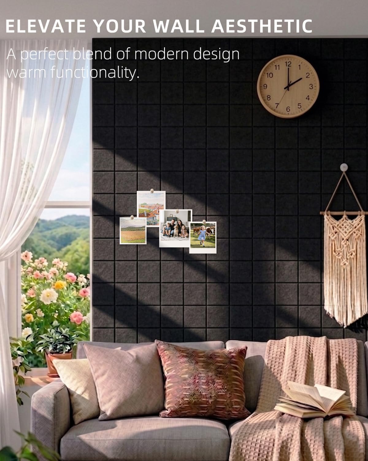 Large Felt Bulletin Board - 36" x 24" Self-Adhesive Felt Wall Tiles, Cork Boards Alternative, 6 Pack with 30 Wooden Push Pins, Cork Board for Walls, Office, Home & Classroom Decor, Pin Board - Black