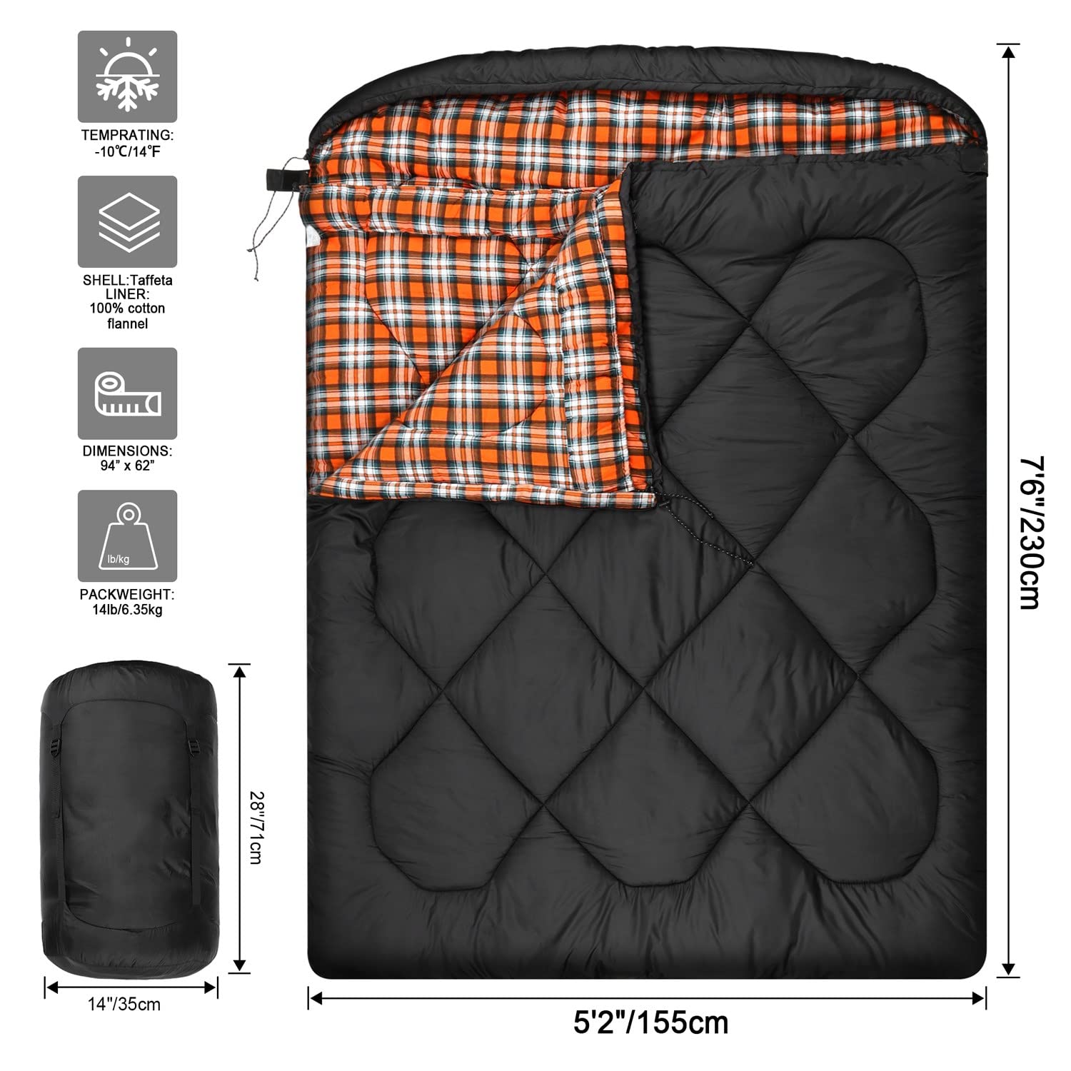Sac de couchage d'hiver double large avec doublure en flanelle 100 % coton, chaud et imperméable pour 2 personnes, pour le camping, la pêche ou la chasse par temps froid