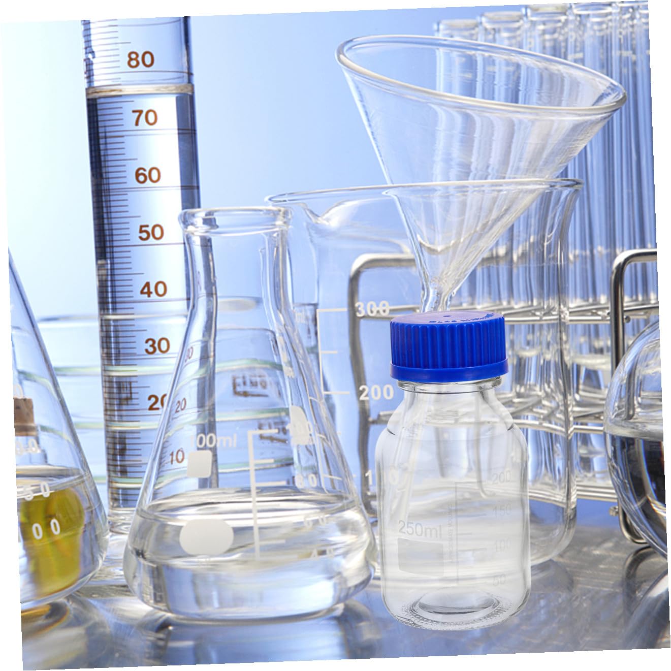 VALICLUD Bottiglie per Laboratori e Applicazioni Didattiche in Vetro 250ml con Tappo a Vite Blu, Resistenti All'usura e Lavabili, Confezione da 4 Pezzi per Reagenti