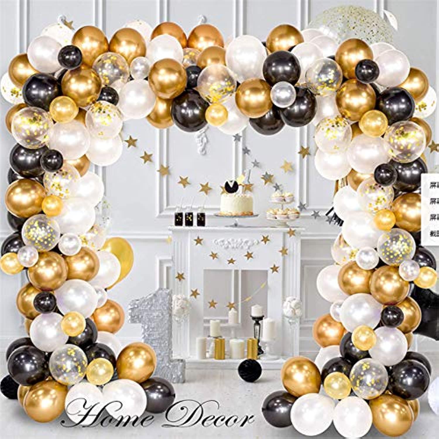 VCOM Balloon Arch & Garland Kit, 120Pcs Black, White, Gold Confetti and Metal Latex Balloons with 1pcs Tying Tool, Balloon Strip Tape for Graduation, Wedding, Birthday Decor