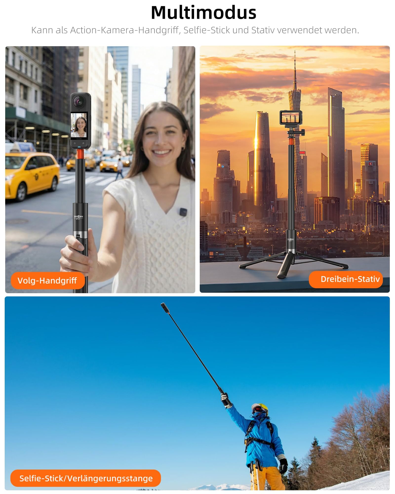 Unsichtbarer Selfie-Stick Stativ für Insta360 X5/X4/GO3S, DJI Osmo 360 usw. | für Actionkamera, 28,7~147,5cm Längenverstellbar, Multifunktional, Leicht, für Vlogs, Reise, Wandern, Skifahren, Gruppenfotos