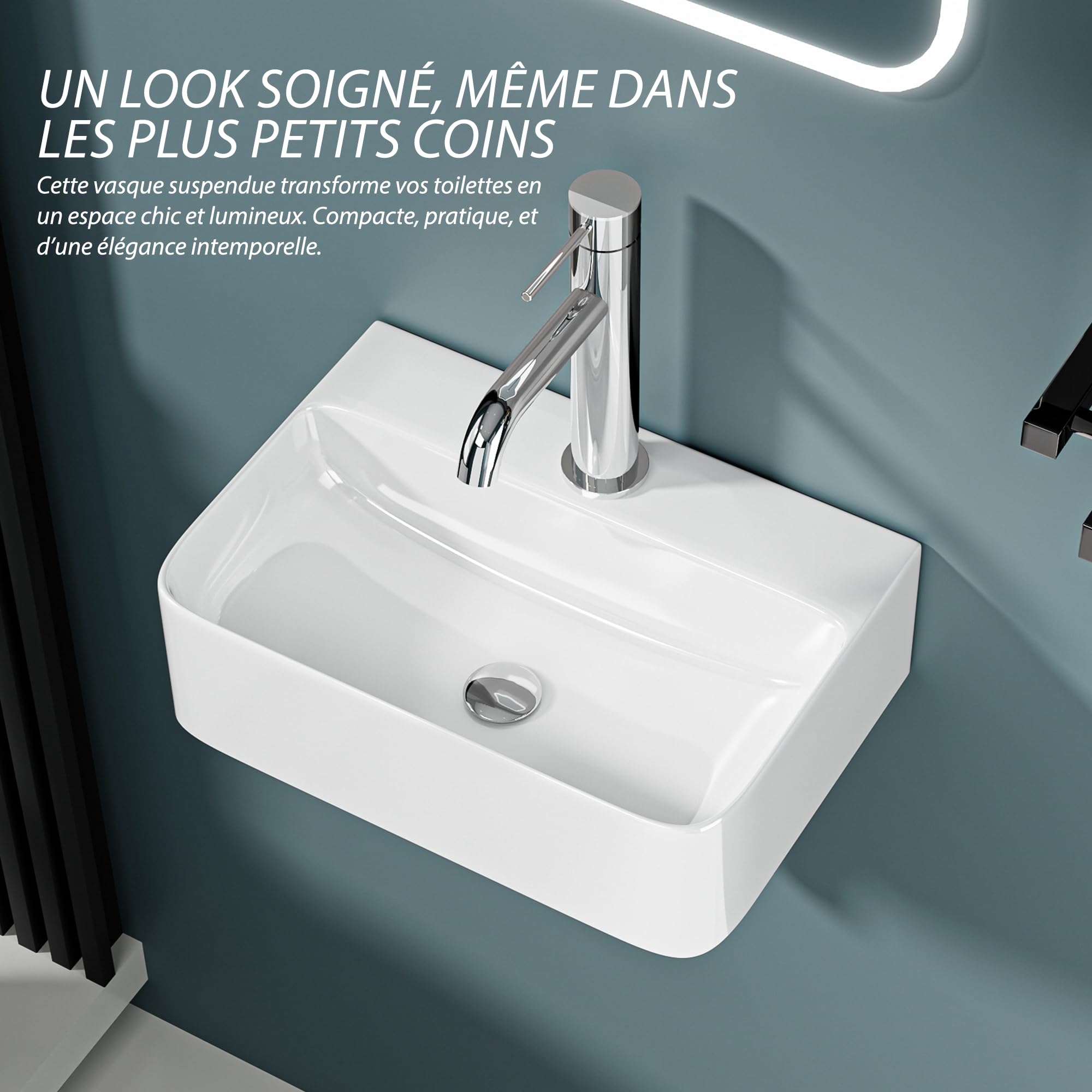 Lavabo de cerámica blanca brillante - Ideal para espacios pequeños, aseos, WC y pequeños baños, diseño limpio y moderno
