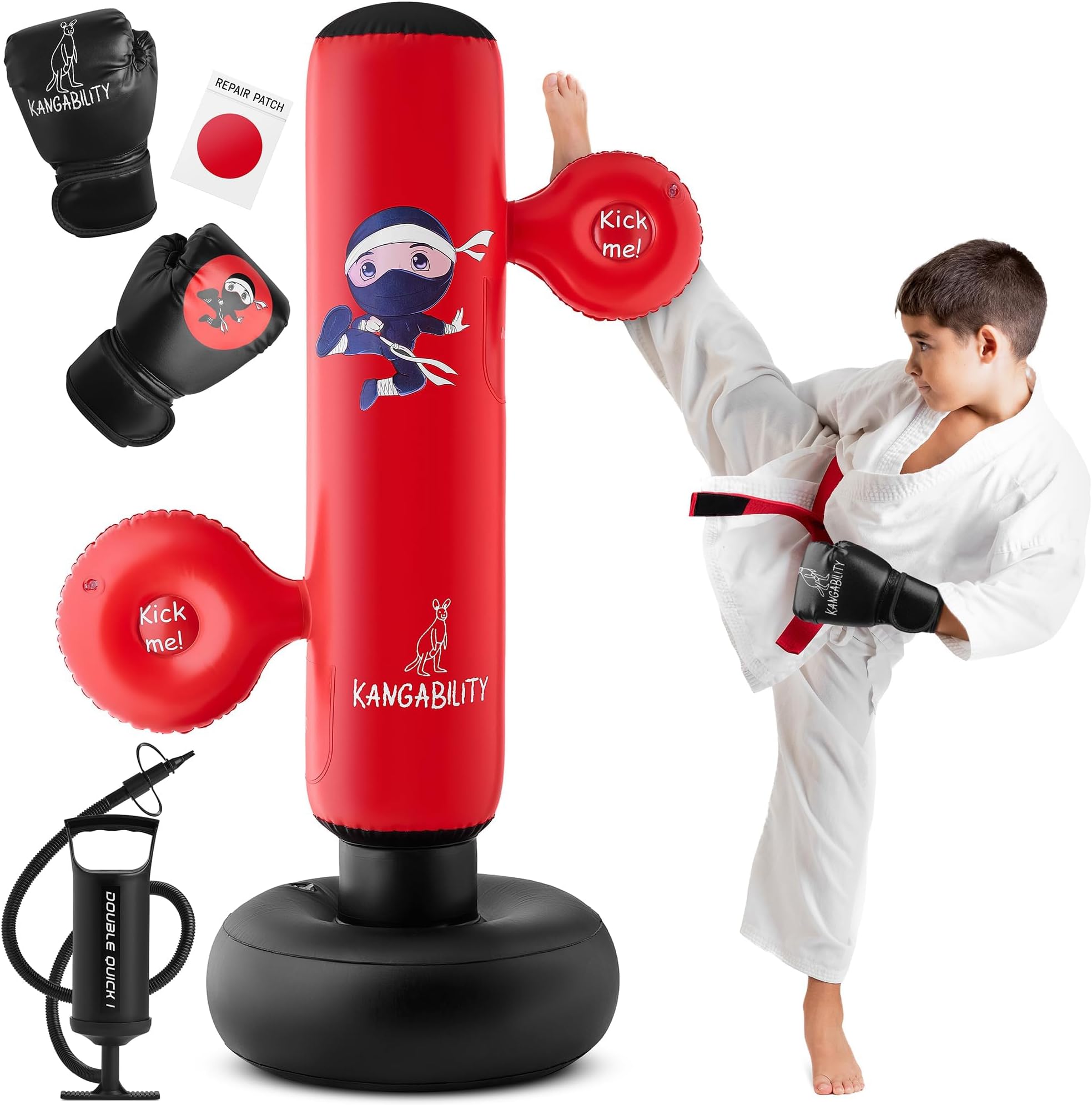 Kids Punching Bag Set | Tall 5’3” Boxing Bag w/Gloves, 2 Focus Pads, Pump | Standing Bounce-Back Action |Inflatable and Durable Punching Bag fot Kids 3 to 12