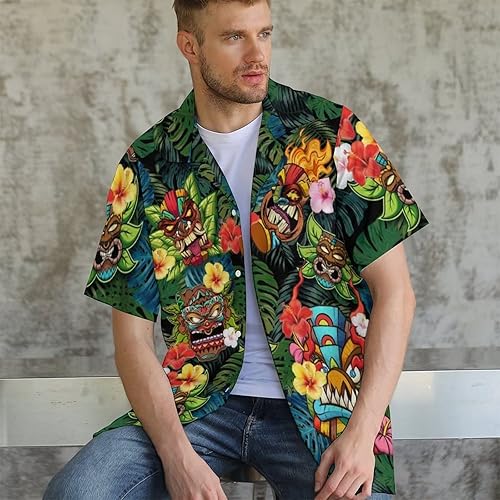Vista 4 de KYBATE Camisas casuales con botones para hombre, camisa hawaiana de manga corta para hombre, camisas de playa de verano, camisas divertidas de fiesta