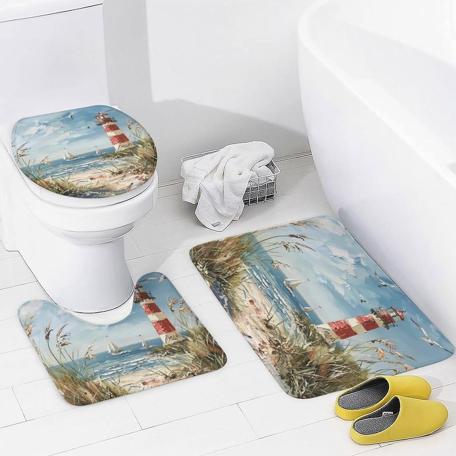 4Pcs Vintage Lighthouse Shower Curtain Set with Toilet Lid Cover U-Shaped Mat and Non-Slip Rugs, Coast Seagull Sailboat Plant Shower Curtain Bathroom Decor Set, 72" X 72"