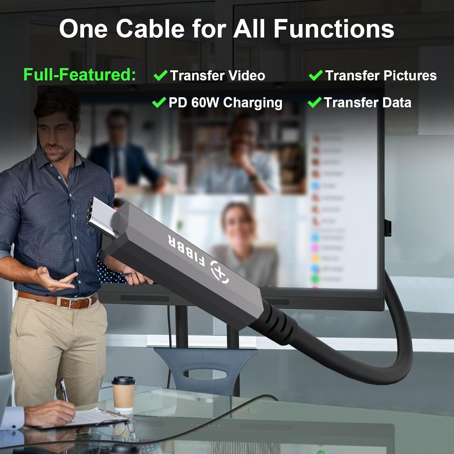 Fiber Optic USB C Cable(50ft), Full-Featured Active Optical USB C to USB C Cord Compatible with Touch Screen Display,HD Business Meetings Solution,Webcams,Cameras,Projectors etc