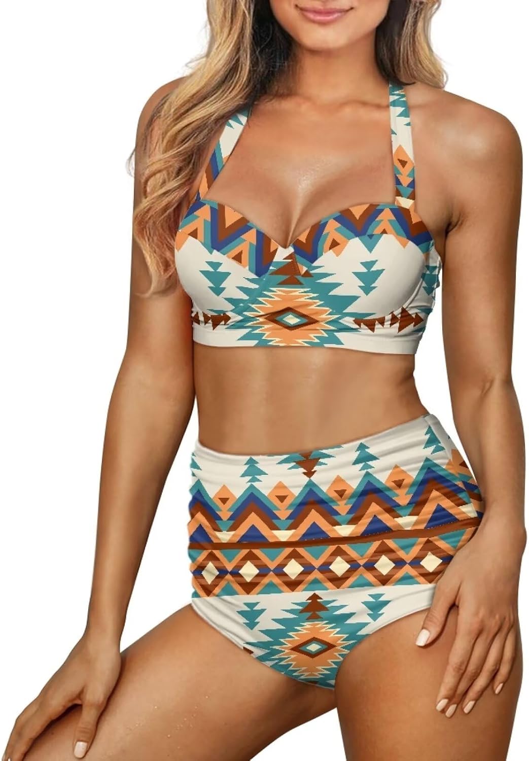 Veniyate High Waisted Bikini Sets for Women Halter Two Piece Swimsuit Push Up Ruched Tummy Control Bathing Suits Swimwear