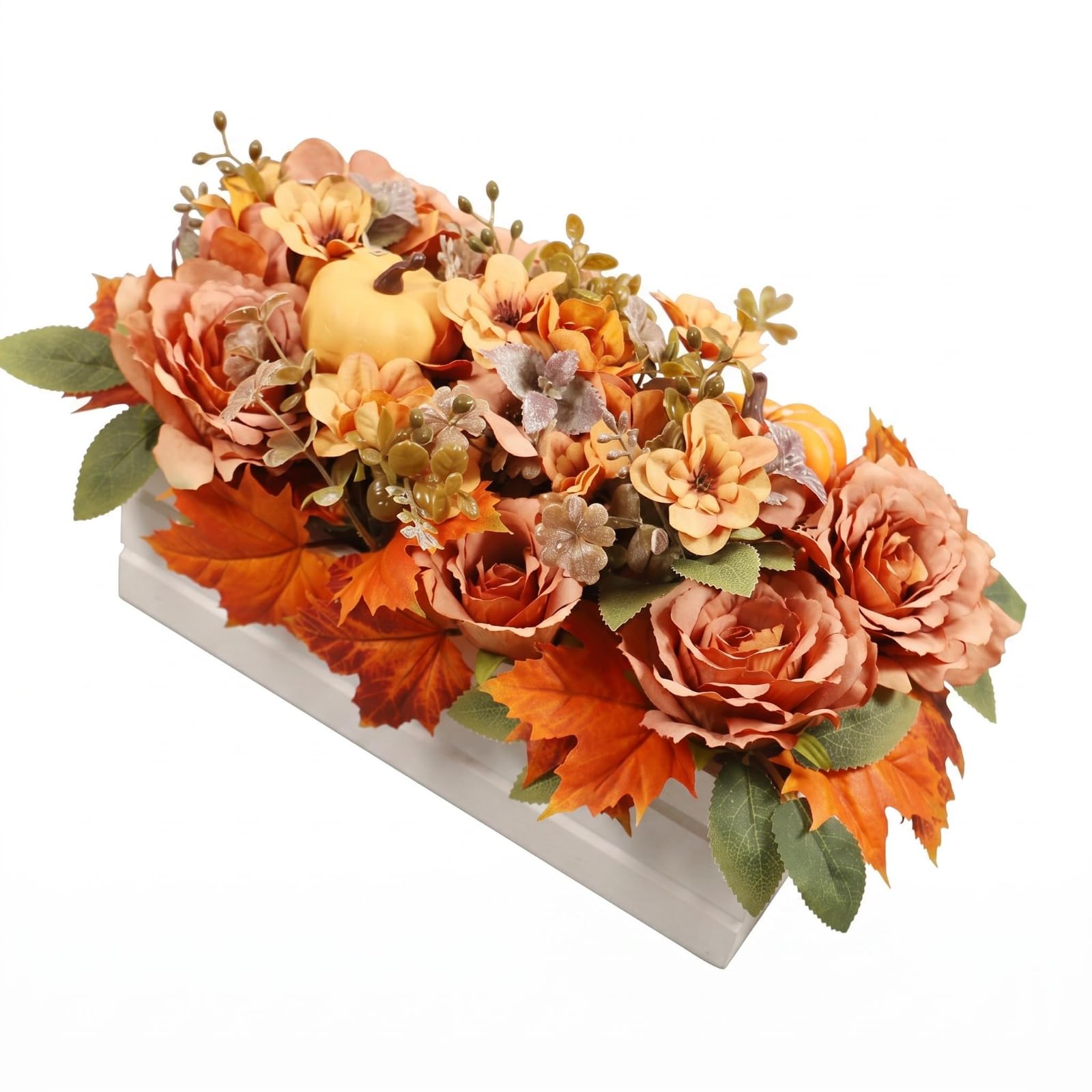 Centro de mesa otoñal con calabazas artificiales y base de madera blanca para comedor