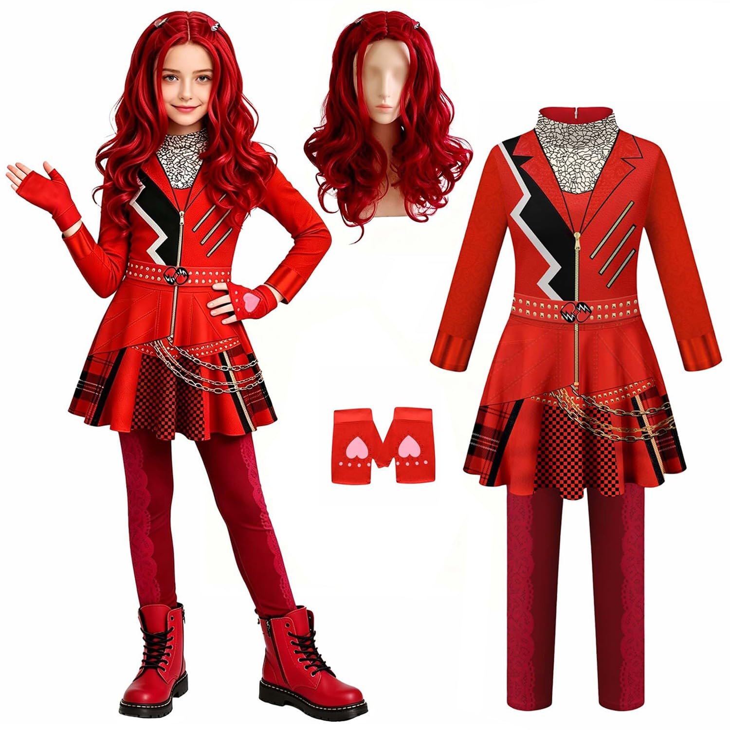 Girls Wonderland Red Costume Includes Dress Pants Wigs and Gloves 4pcs, 140