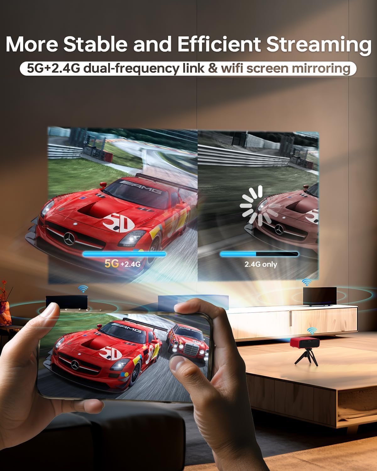 Ultra Mini Pocket Projector - DLP Smart Projector with WiFi and Bluetooth: Built in Battery/Apps/Speaker, 4K/1080p Support, Auto Focus & Keystone Correction for HDMI, USB, TV Stick, iPhone, Android