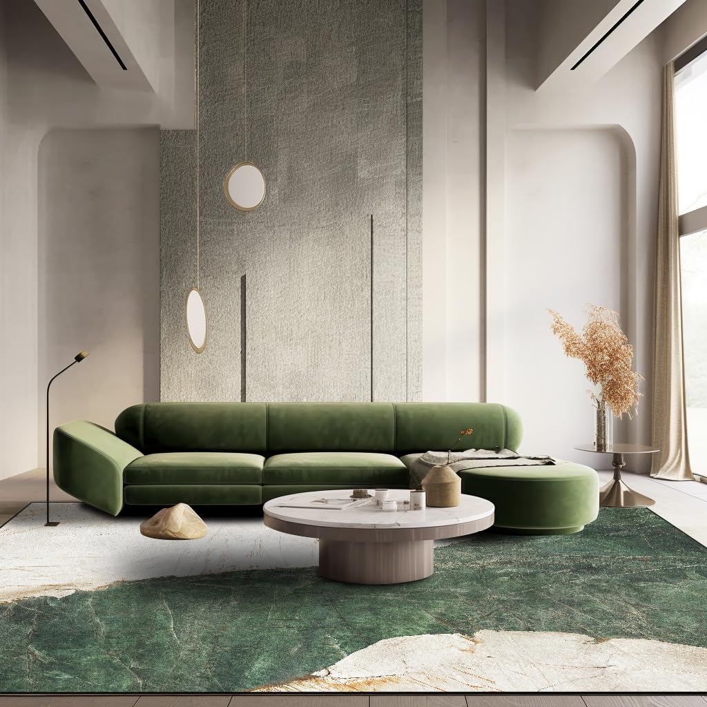 Tapis de salon grand 200x200cm vert abstrait moderne en poils ras lavable