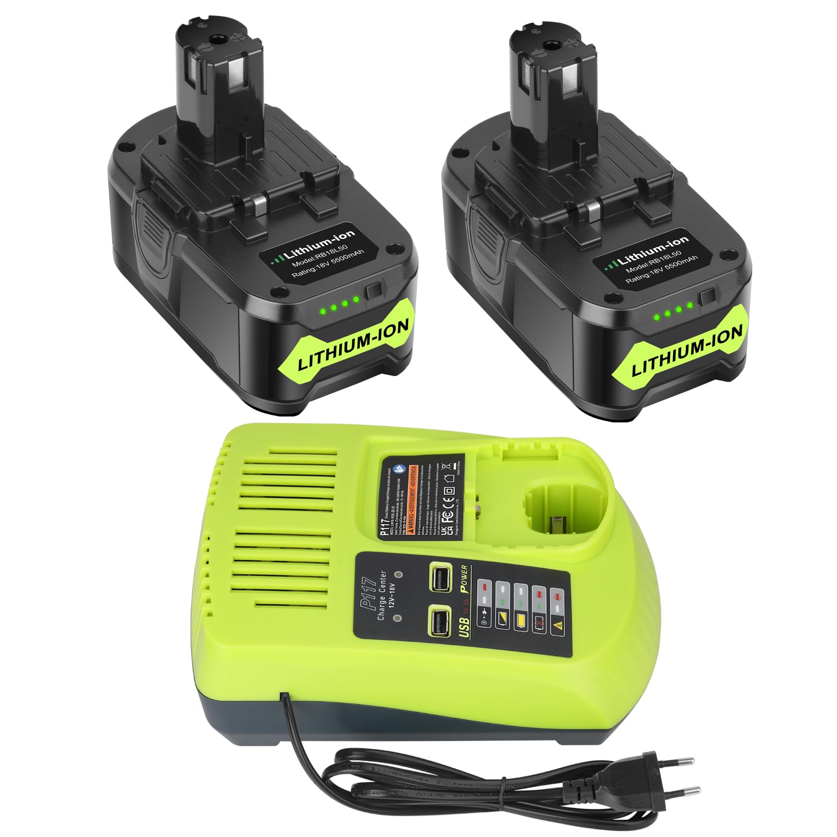 2X 18V 5.5Ah P108 Batteria di Ricambio per Ryobi Batteria 18V + Caricabatterie 3A 12V-18V P117 per Ryobi Caricabatterie per Ryobi P108 P107 P105 P100 P101 RB18L50 Batteria con Indicatore LED