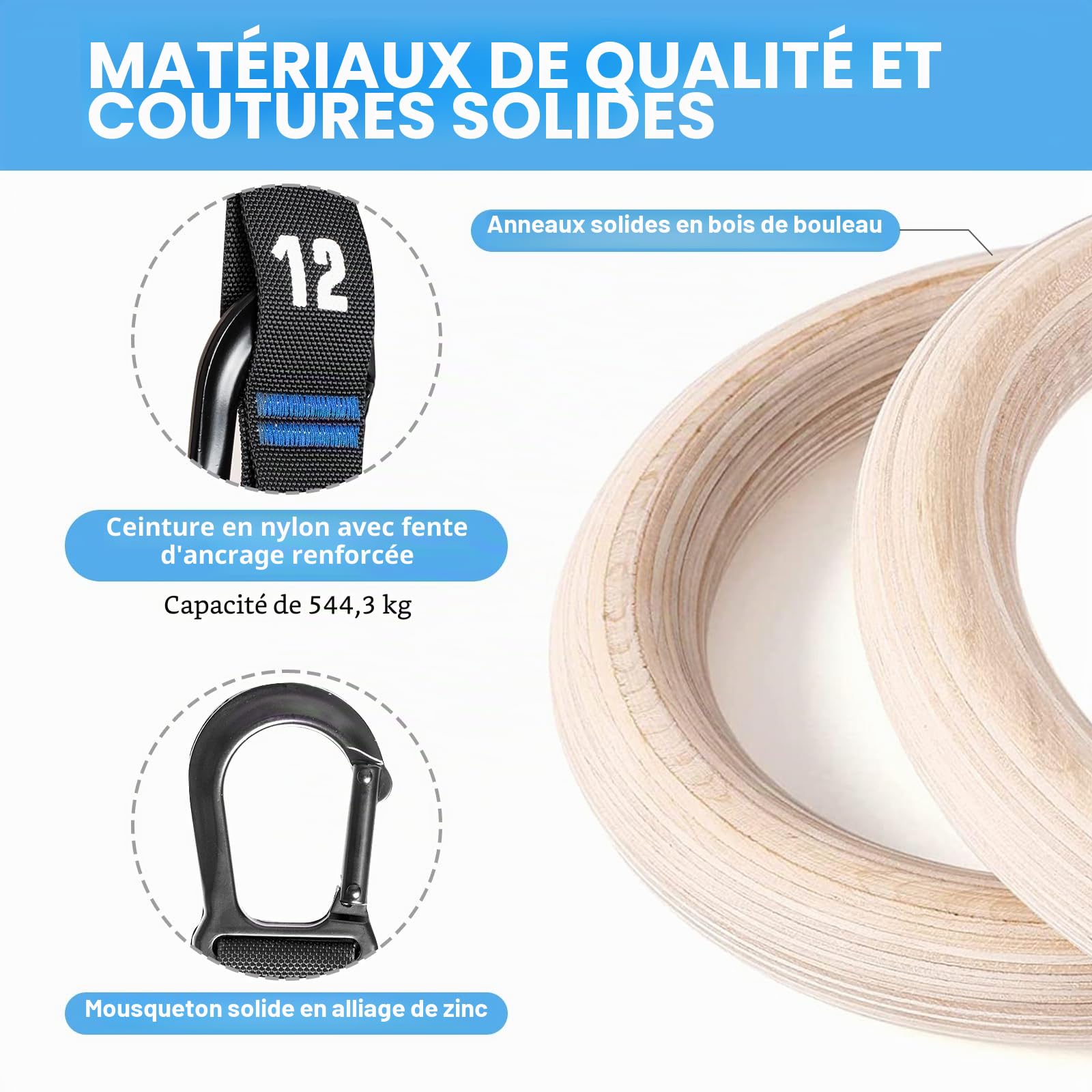 Anneaux de gymnastique en bois avec sangles numérotées réglables. Anneaux olympiques de 3,2 cm pour entraînement de base, crossfit, entraînement au poids du corps. Anneaux de gym à domicile