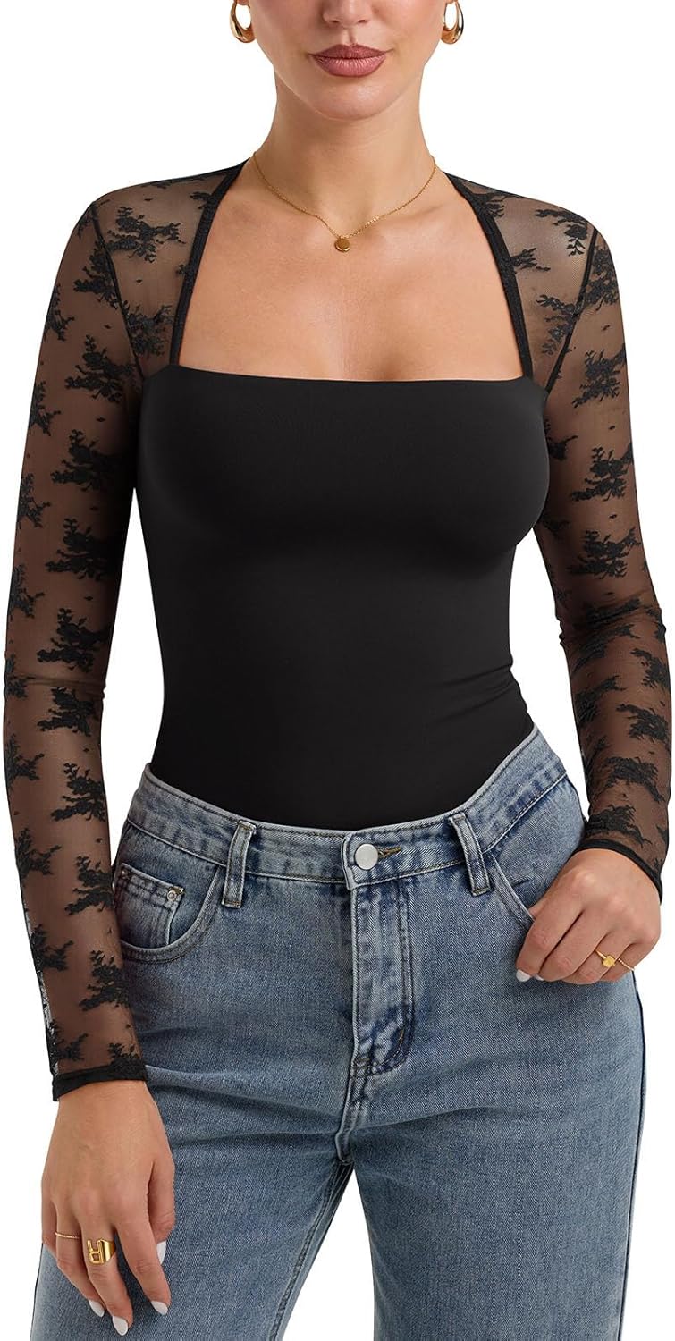 PINKMSTYLE Women Sexy Square Neck Lace Long Sleeve Tops Slim Fit Double Lined Trendy Y2K Going Out Fall Shirts