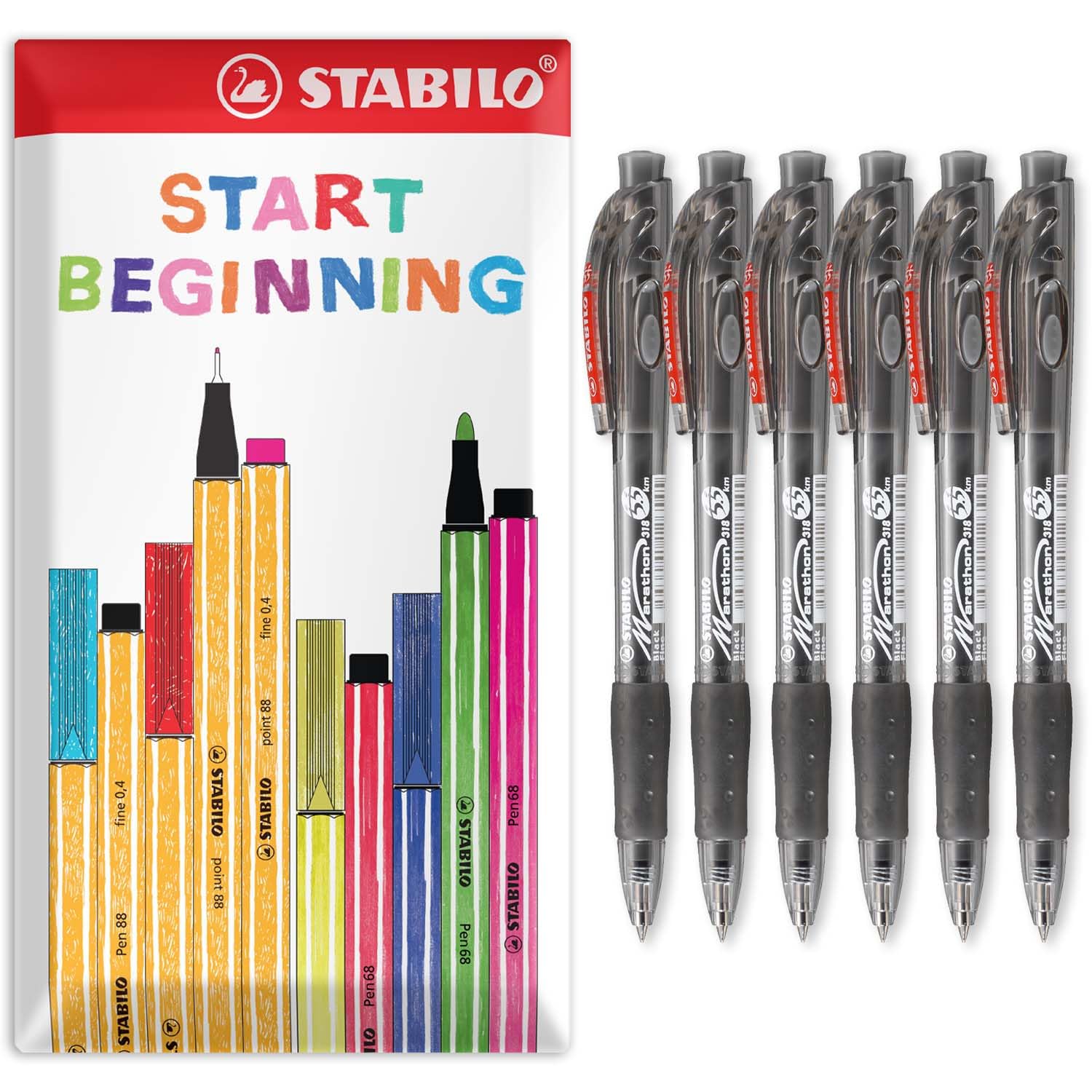 STABILO marathon - Retractable Ballpoint Pen - Fine 0.7mm Nib Pens - Envelope Gift Pack of 6 (Black)