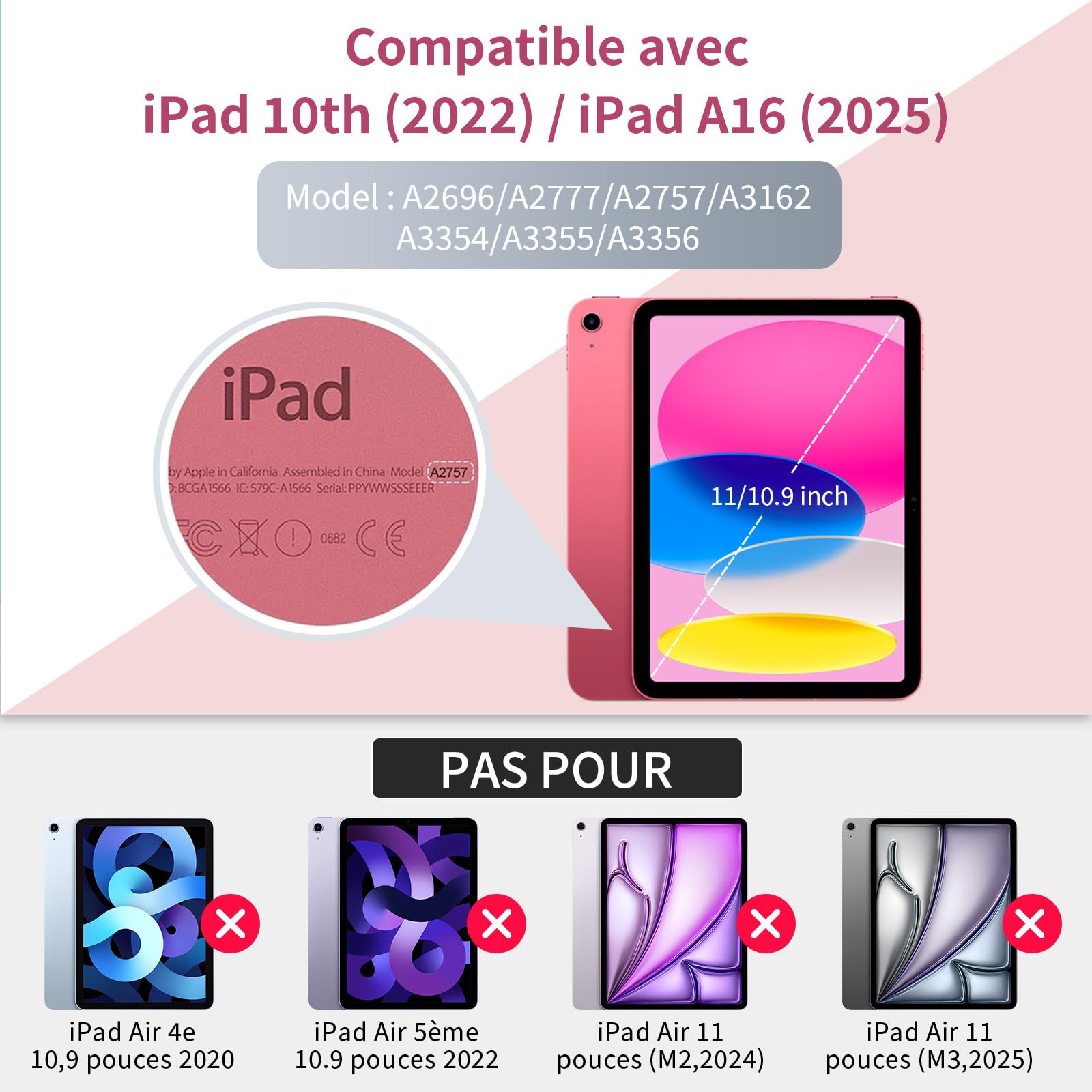 GAOJIE Coque Clavier pour iPad 11e Génération A16 2025/10e Génération 10,9 Pouces 2022, Coque de Protection avec Porte-Crayon, AZERTY Clavier Français Détachable sans Fil pour iPad 11/10.9''(Rose)