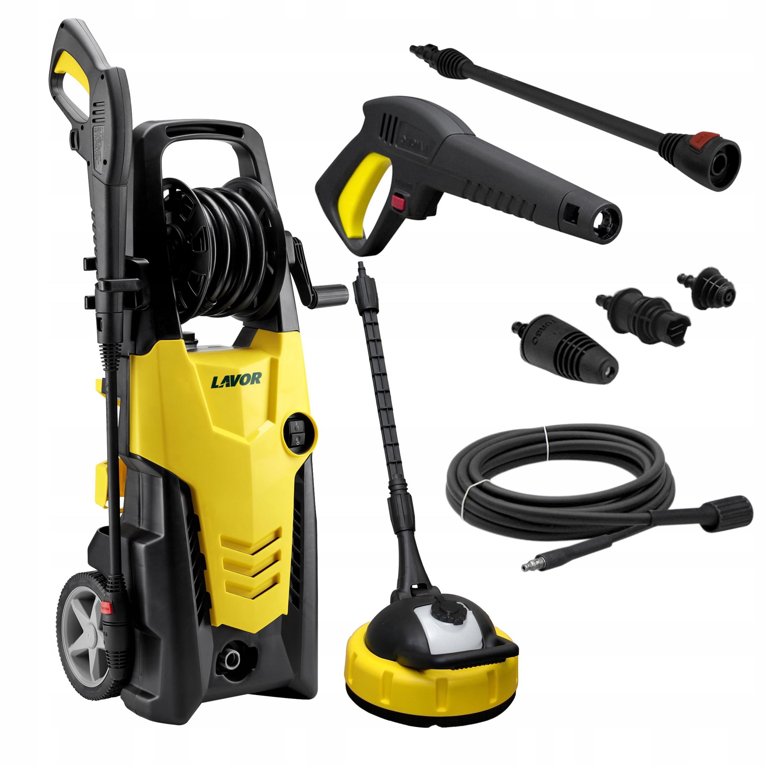 LAVOR Myjka Ciśnieniowa Ikon 160 Plus, 160 BAR 2200W, Silnik Indukcyjny, Aluminiowa Pompa, Bęben na Wąż, Szczotka Patio Cleaner L28 ze Zbiornikiem, Dysza Turbo 240 ewBAR, Wąż 8m, Mycie Bruku, Kostki