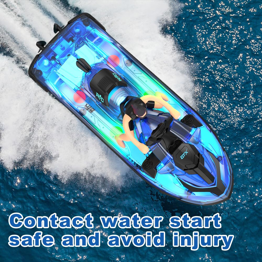 2,4 GHz Ferngesteuertes Motorboot, Hochgeschwindigkeits RC-Boot mit LED-Leuchten & Abnehmbarer, 2 austauschbare Akkus, Wasserspielzeug für Pool, Badewanne und See