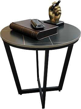 Prestige Import Group Black Marble Design Sintered Stone Top & Black Iron Base Occasional Table - 19.7 H x 19.7 Diameter
