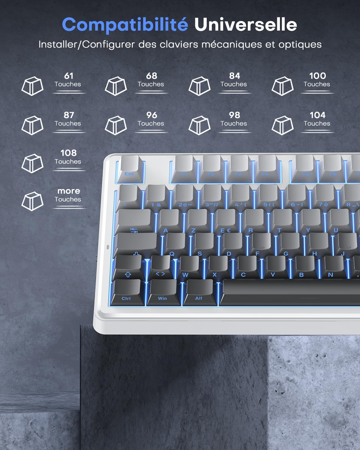 OMOTON Capuchons de Touches en Français, Cherry Profil 127 Touches PBT avec extracteur de Touches, Gravur Latéral pour MX Switch 61/68/84/87/96/108 ANSI/ISO Layout claviers mécaniques - Dégradé Gris