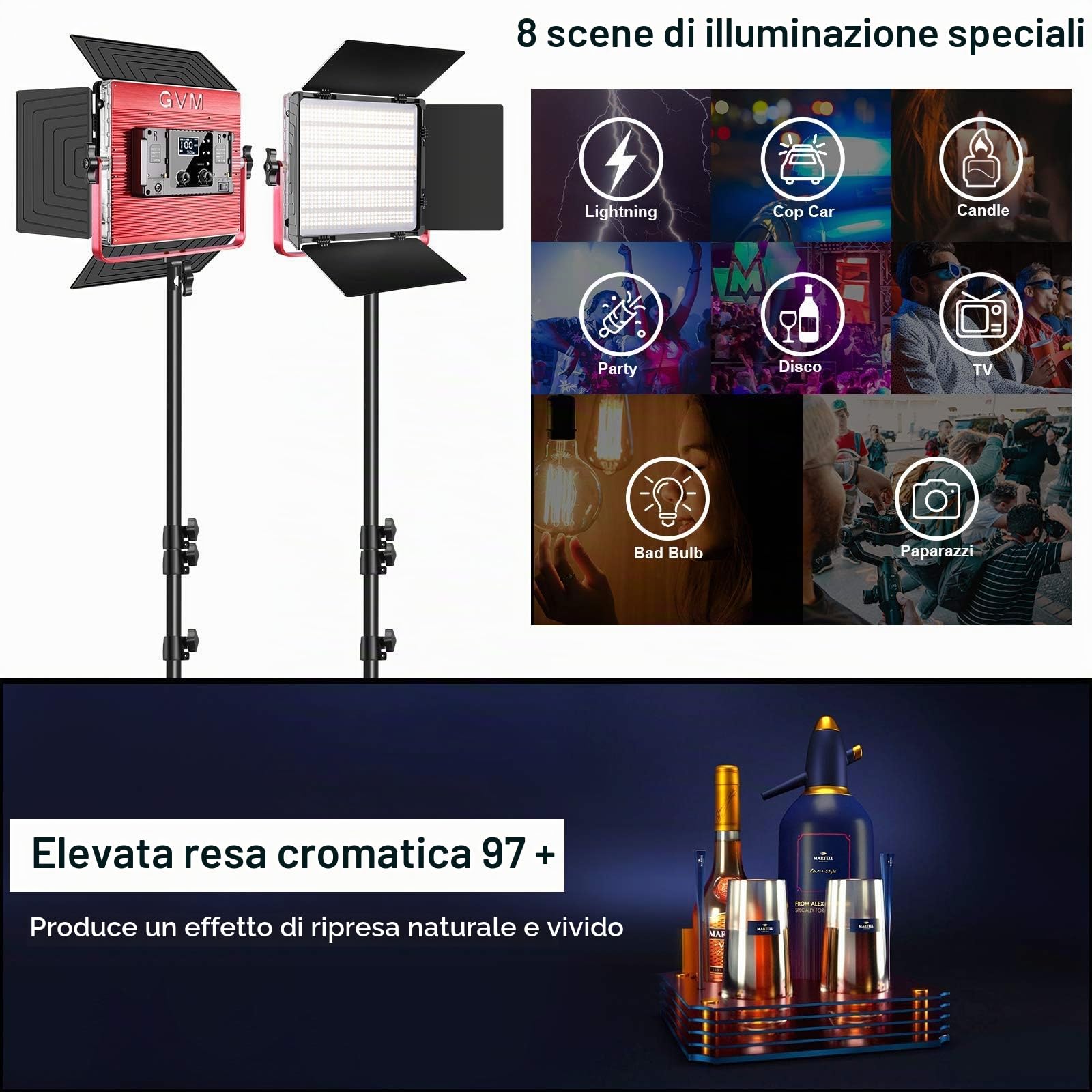 GVM 1200D RGB - Pannello di luci video con treppiede, confezione da 2 luci LED da 50 W, con softbox per foto, studio, YouTube, video, streaming 3200 K-5600 K, 22000 Lux/0,5 m, CRI97+