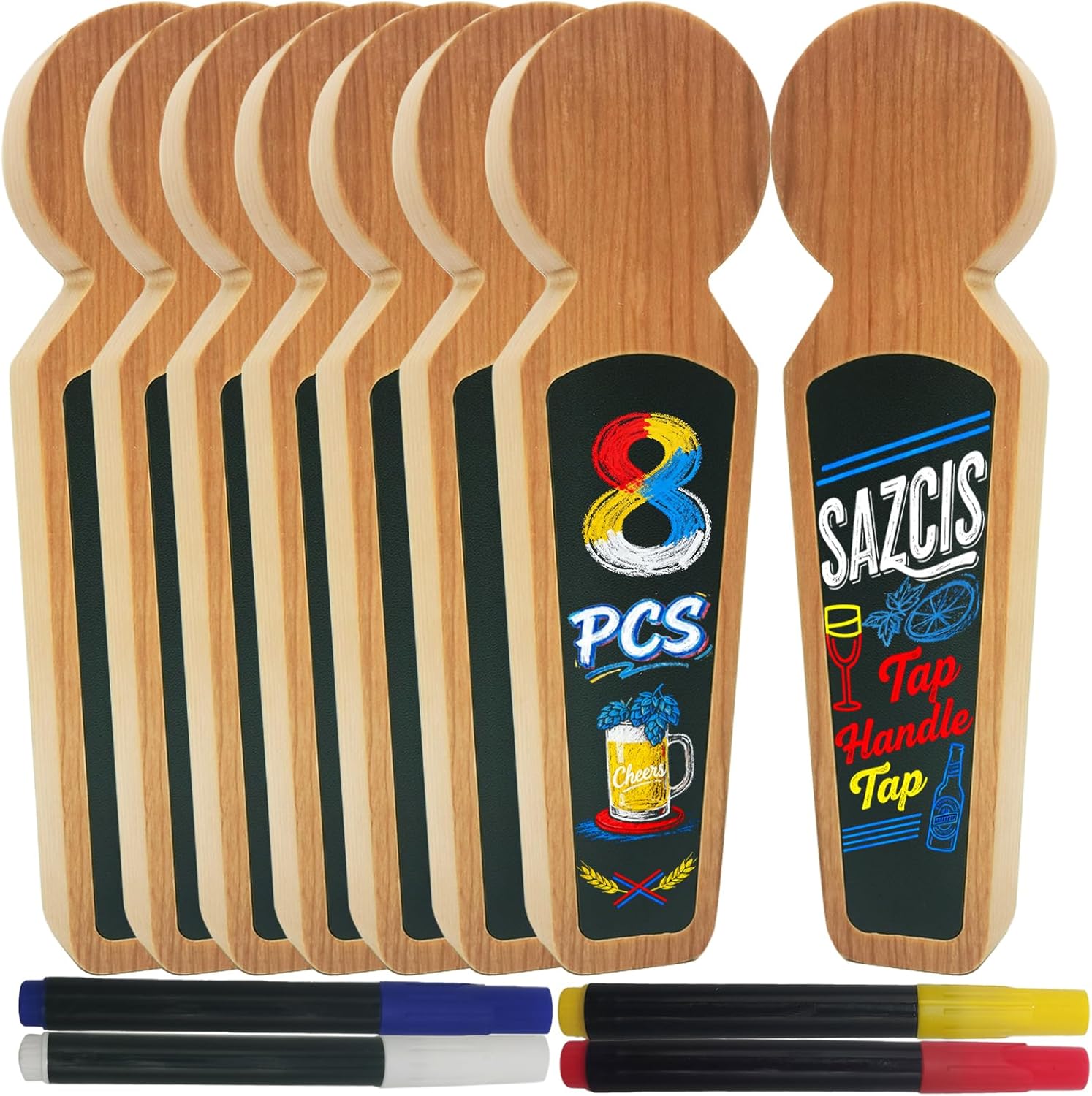 Beer Tap Handle ，8 Keg Tap with 4 Pen Set & Gift Wrapping, Cherry Wood Keg Tap Handle for Kegerator, Homebrew & Bars