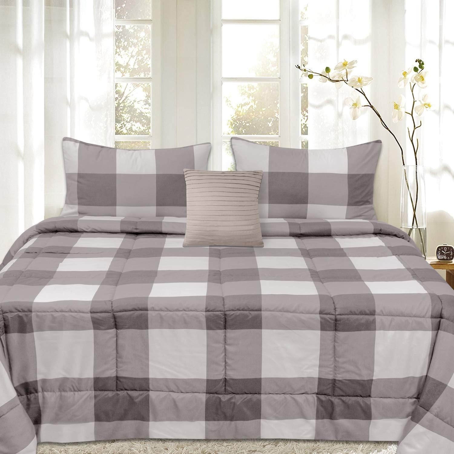 Sweet Home Collection Comforter Set 4 Piece Buffalo Check Plaid Design Soft and Luxurious All Season Down Alternative Reversible Bedding-2 Shams & Throw Pillow,Full/Queen,Black/Light Gray (Pack of 3)