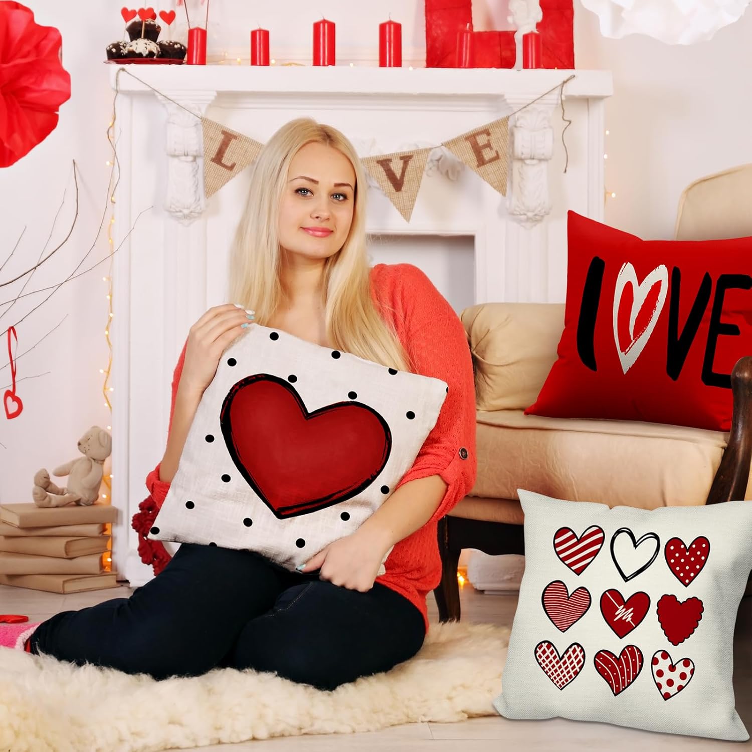 Valentines Day Pillow Covers 18x18 inch Set of 4 for Valentine Decor Red Black Dots Love Heart Throw Pillows Decorative Cushion Cases Valentine‘s Day Decorations - Image 3