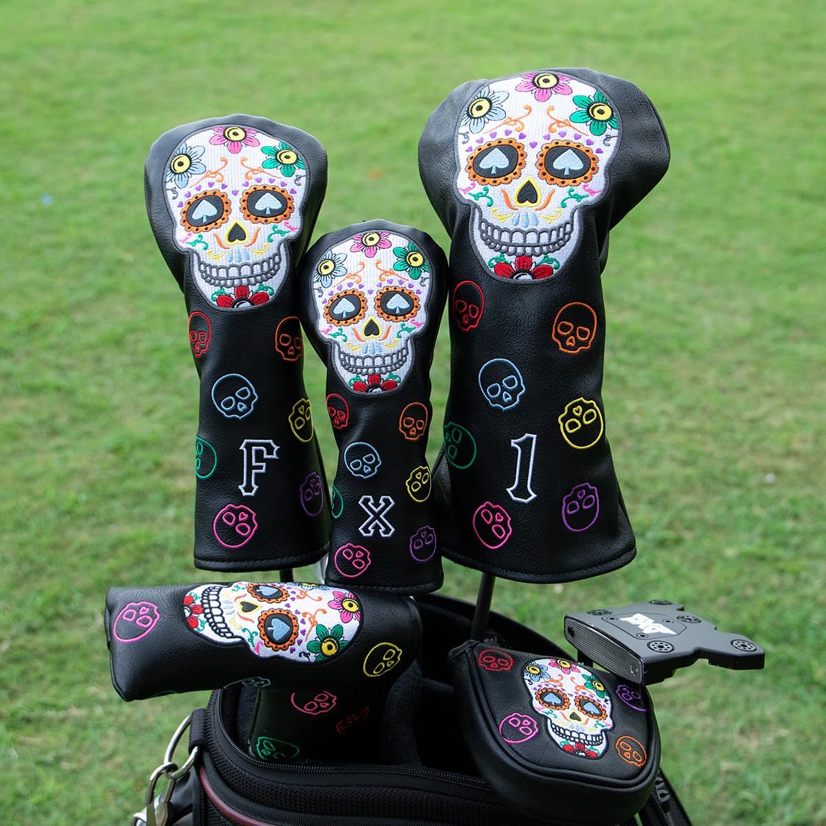 Montela Golf Club Covers,Colorful Skeleton Putter Cover Driver Covers Fairway Wood Headcover Hybrid Cover Leather Blade Putter Headcover Mallet for Brand