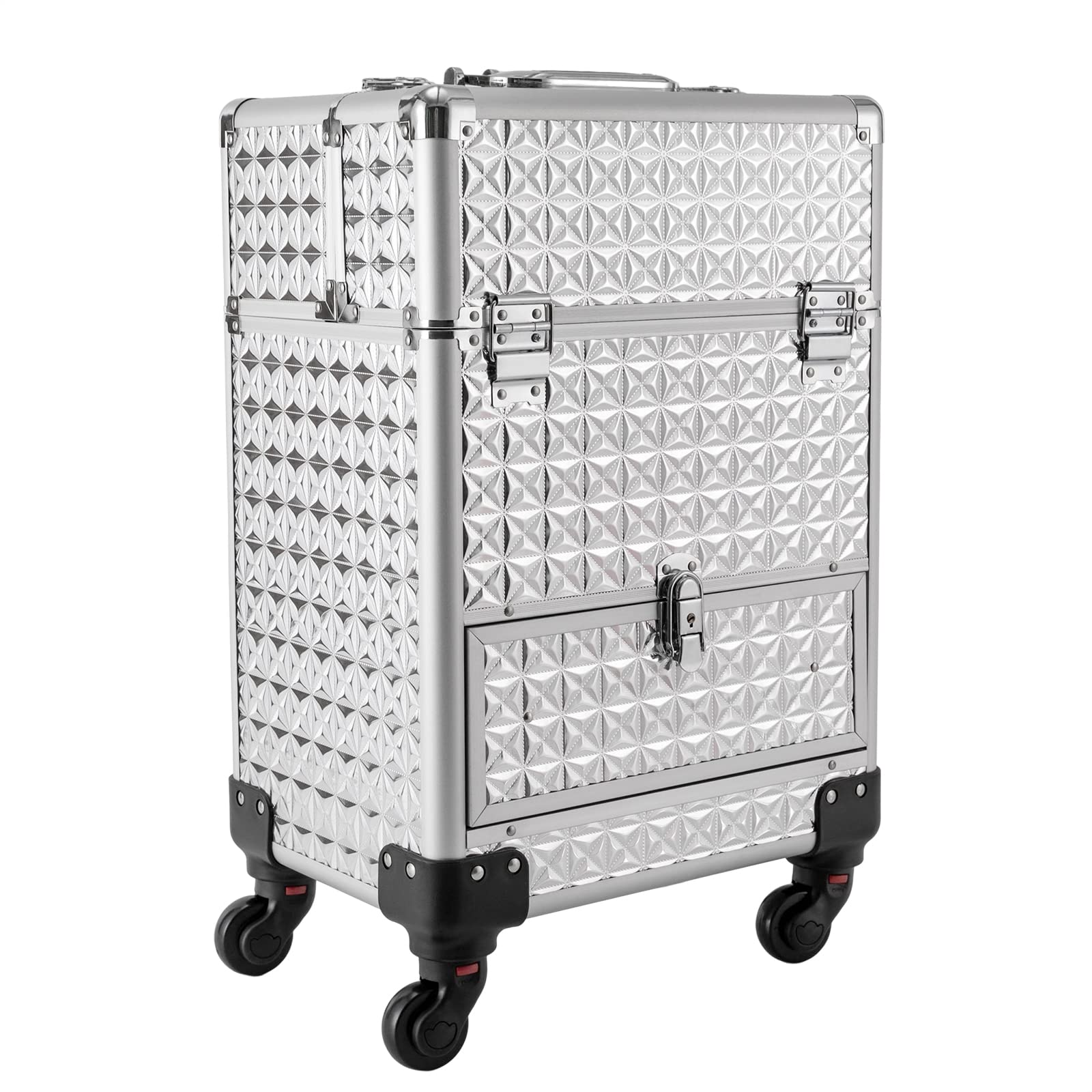Eleeferri Rolling Makeup Train Case, Rolling Trolley Cosmetic Case, Portable Manicure Storage Case, Jewelry Travel Cosmetic Train Case with 4 Wheels for Manicurists Makeup Artists (Silver)