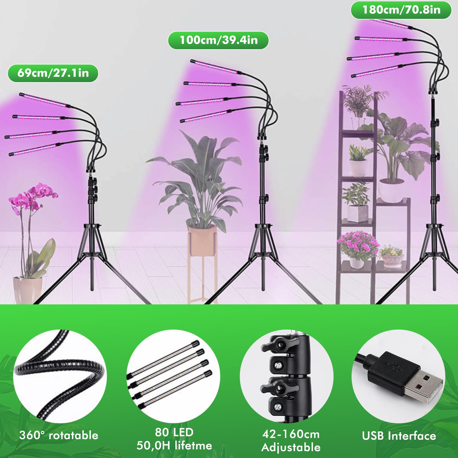 Lampe Horticole LED Avec Support, Lampe Horticole sur Pied à 4 Tubes, Filaire et Télécommandée, 80 LED, 10 Niveaux de Luminosité pour Plantes D'Intérieur (Version Avec Prise USB)