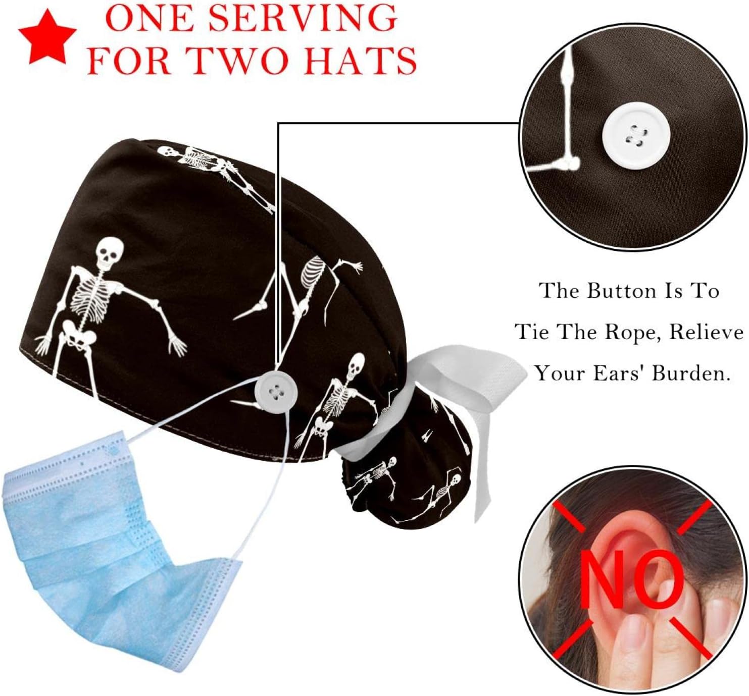 2 Pcs Working Cap with Buttons Sweatband Cute Bear Ribbon Tie Back Bouffant Hats