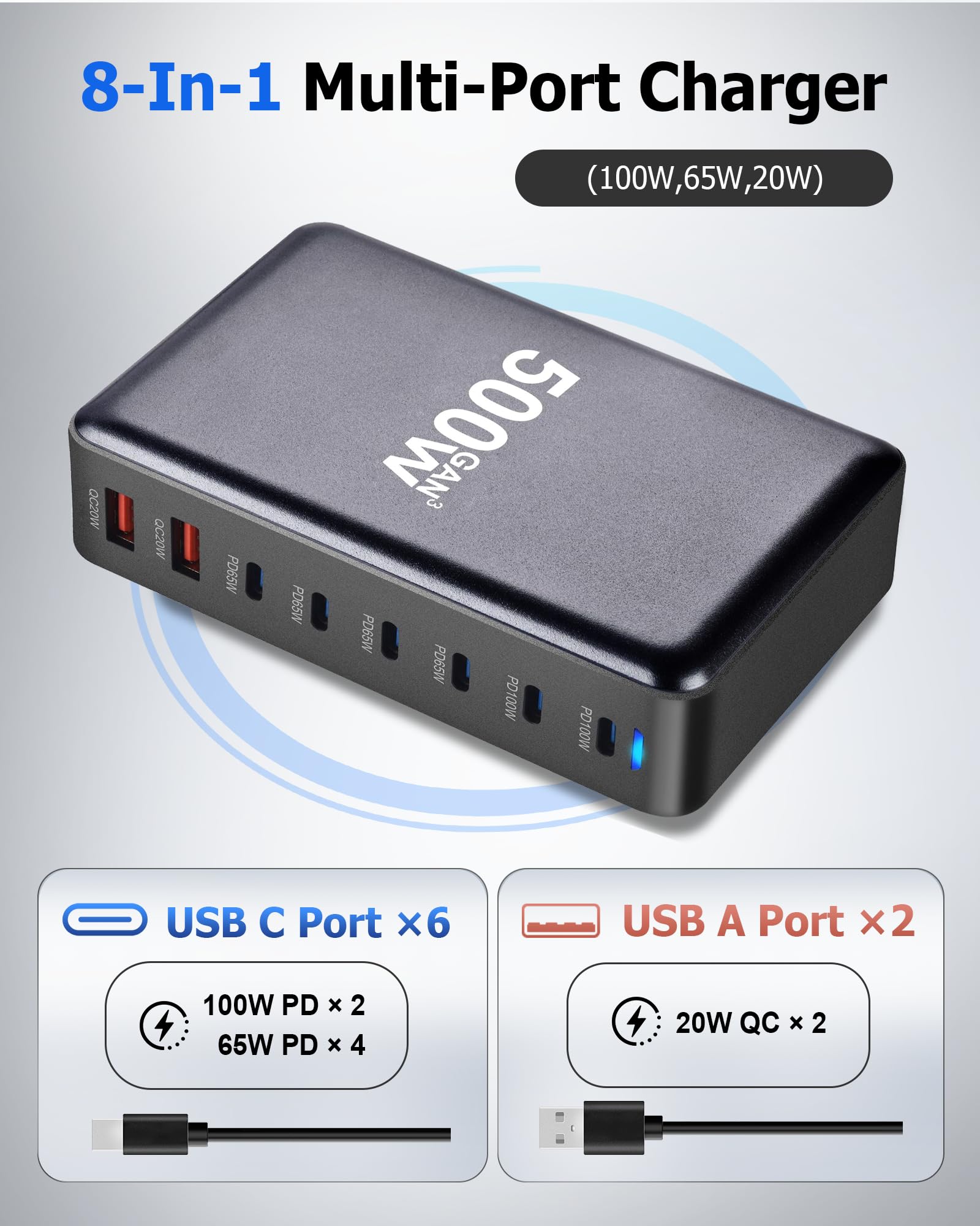 Caricatore USB C Multiplo 500W, Stazione di Ricarica Rapida 8 Porte | Porta USB Monocavo 100W Max (6 USB-C + 2 USB-A), Compatibile con MacBook Pro/Air, iPhone 16/15, Samsung, Dell, HP, Tablet