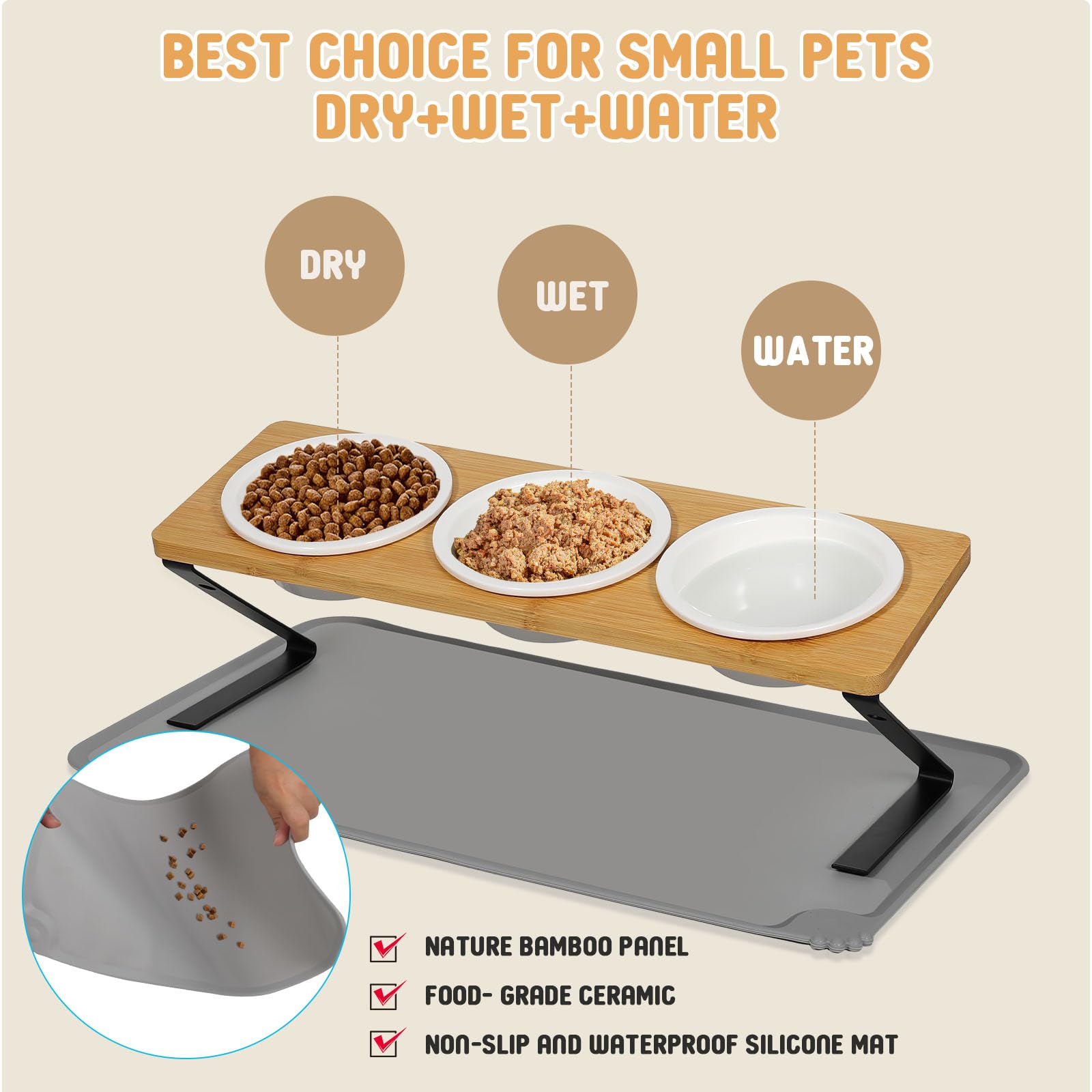 Ciotole Inclinate Per Gatti In Acciaio Inox - Set 3 Con Base In Legno E Tappetino Antiscivolo - Foto 2
