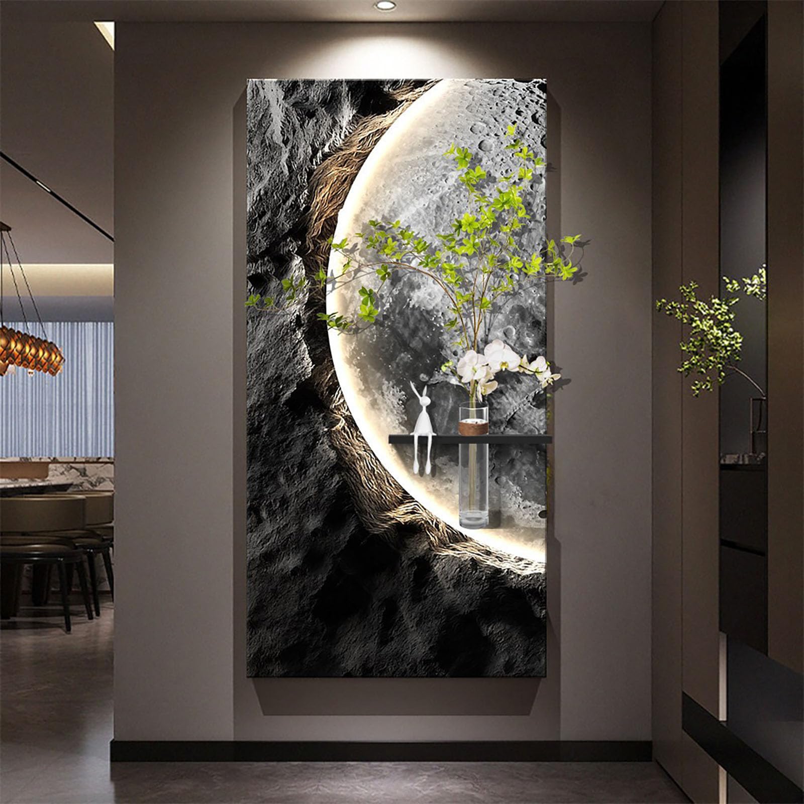 Large Vertical 3D LED Moon Wall Art Decor for Living Room, Modern Sandstone Textured Backlight Wall Home Decor for Hallway, Entryway, Dining Room,Built-in Glass Vase Style-C 19.7×39.4 in（50×100 cm ）
