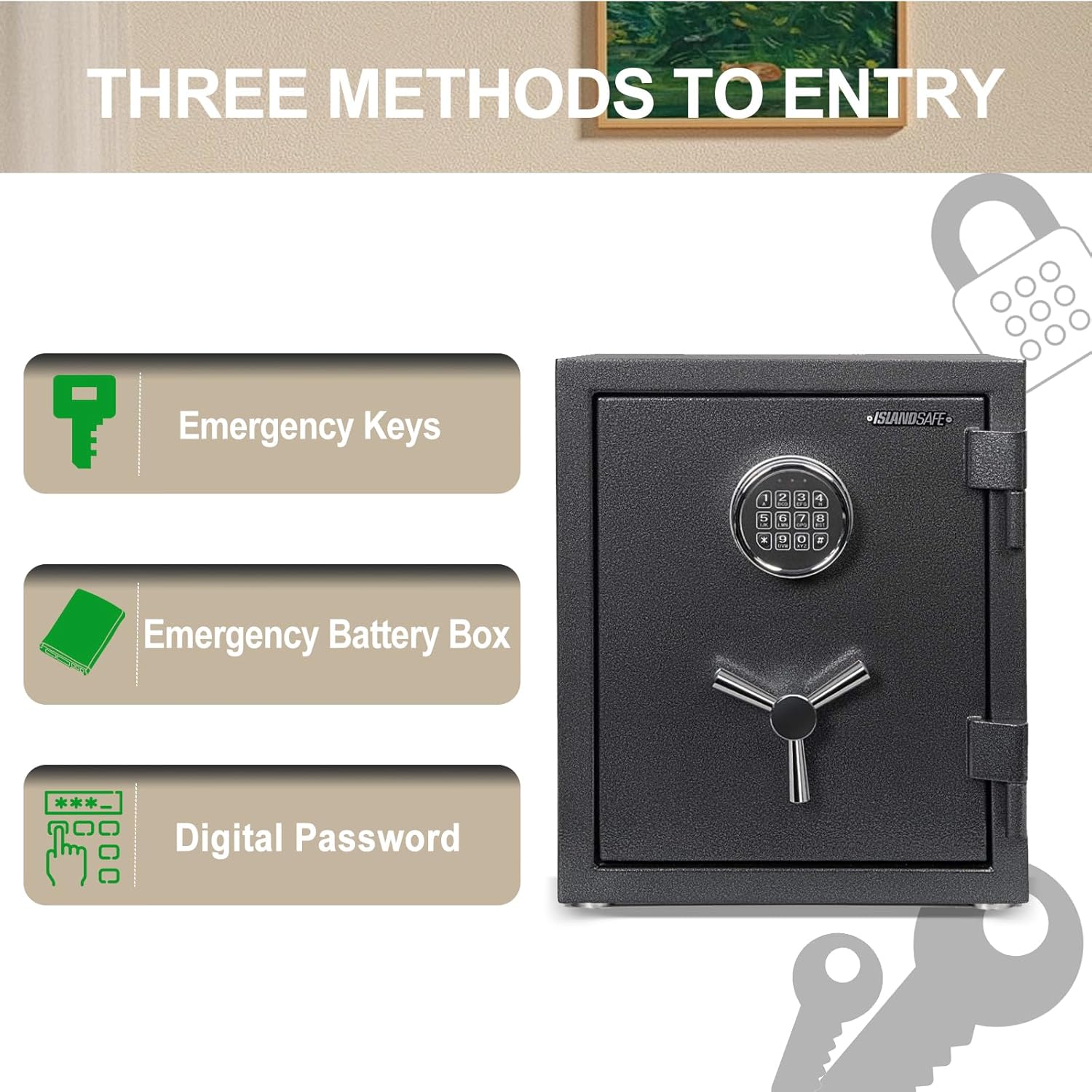 1200°F Fireproof and Waterproof Digital Safe Box, Digital Fire Proof Safe with 3 Spoke Detachable Handle, Personal Safe for Home Office Money Gun (2.16Cubic Feet Black)