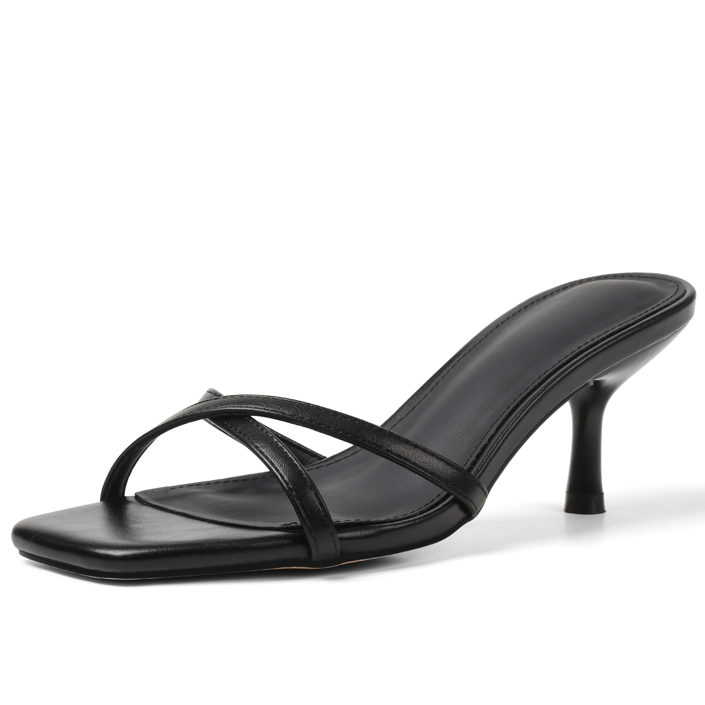 Size 9- Synchoiss Womens Kitten Heels Open Square Toe Low Heeled Sandals Cross Band Slip on Stiletto Heels Comfort Mules Slides Summer Dress Pumps