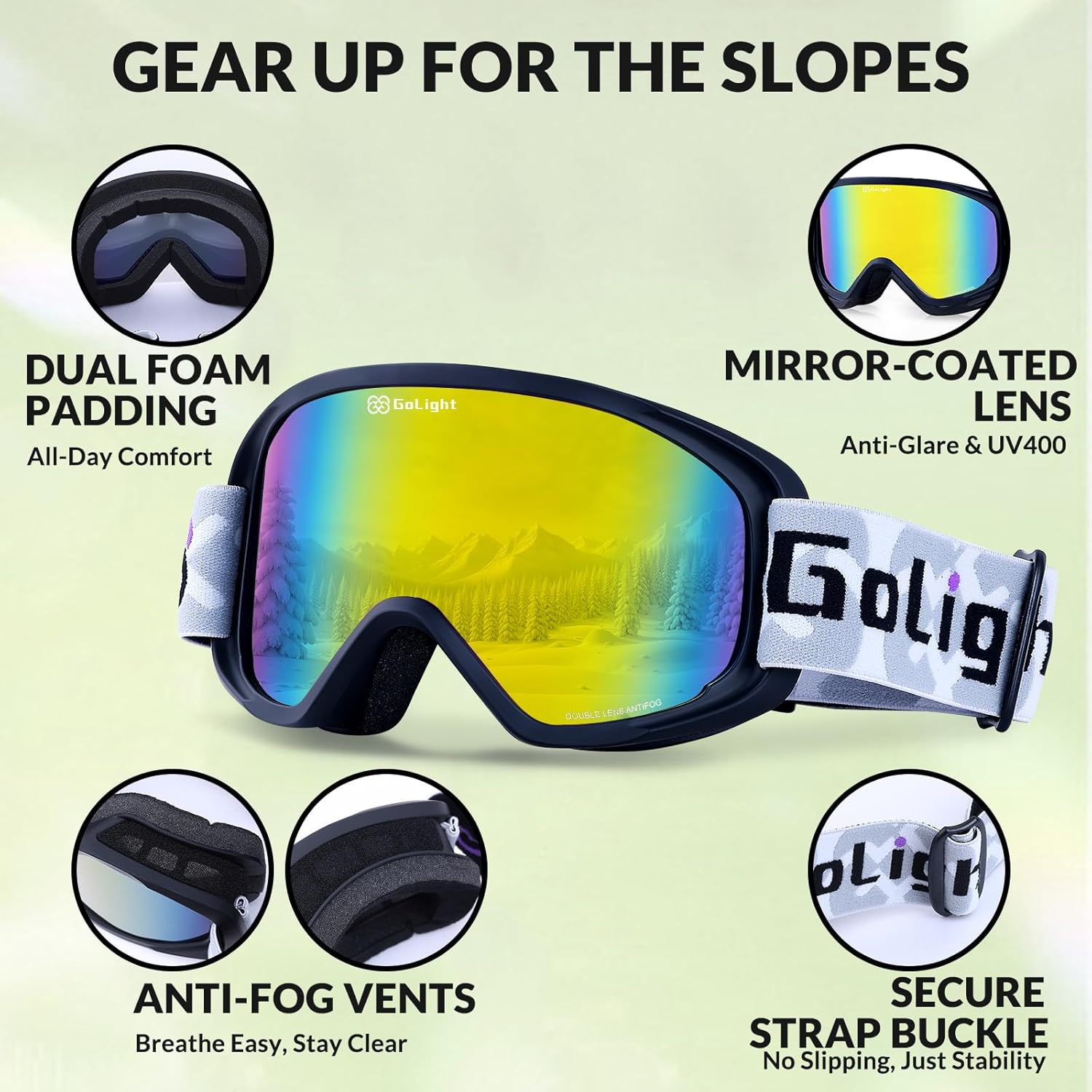 GoLight Youth, Teen & Small-Face Adult Ski Goggles – Safe Fit for Small Faces, Anti-Fog Lens & UV400 Full Protection