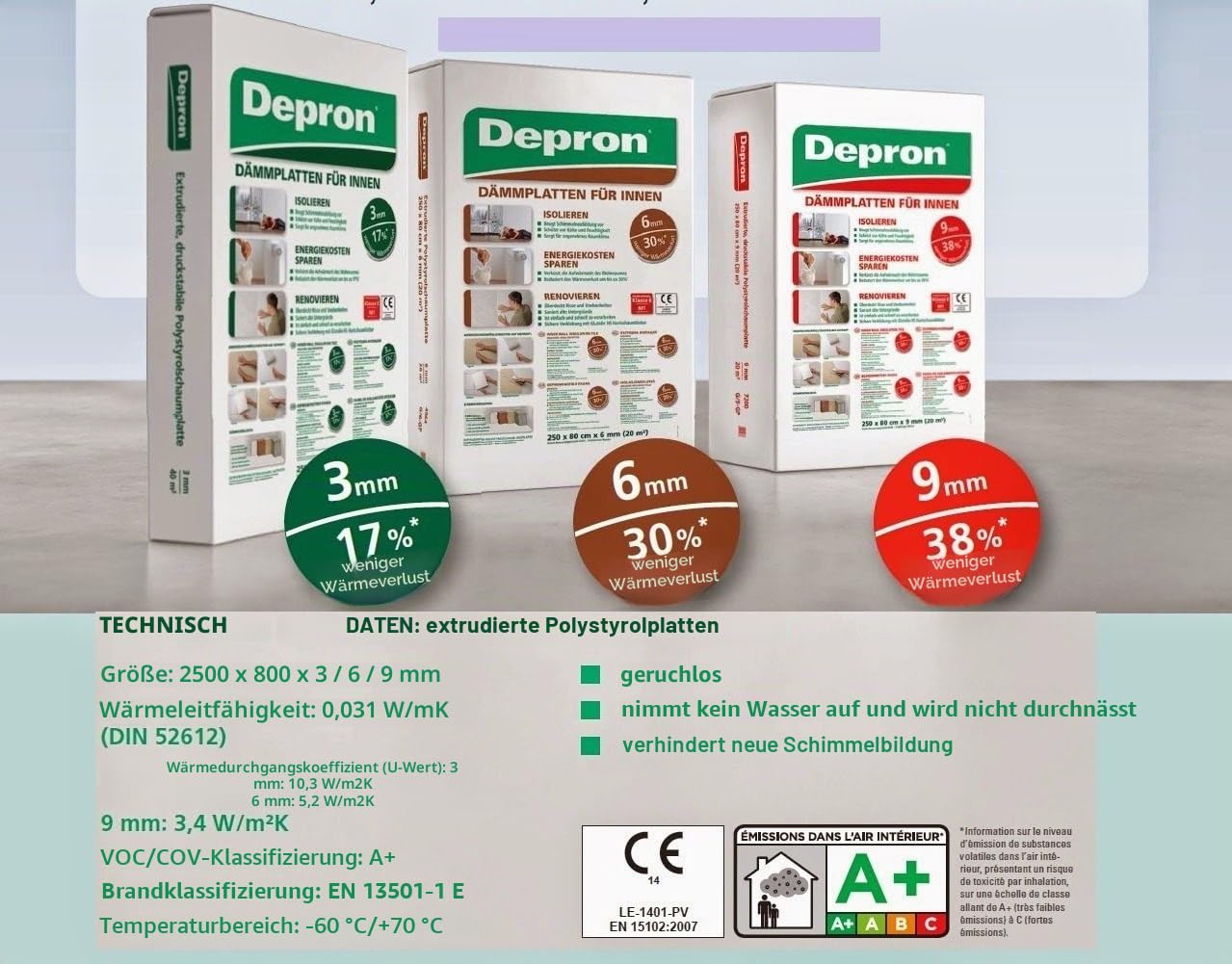 Depron Dämmplatte, 1 m², 80 x 125 cm, Stärke: 6-3-9 mm (auswählbar)