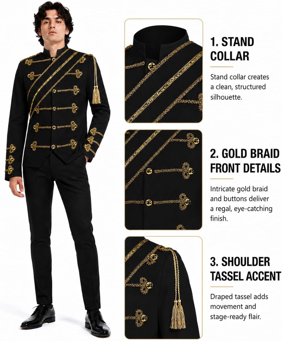 Mens Military Stage Jacket Gold Braided Pop Star Costume Coat for Men Women Party