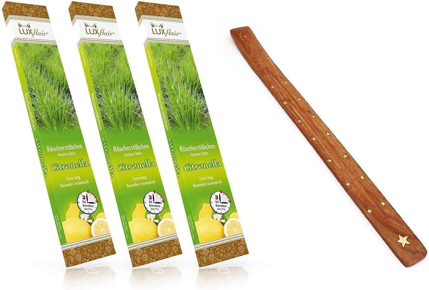 3x giant anti mosquito incense Citronella + free XXL incense holder, 3hrs burning time per piece, extra long, very aromatic against mosquitoes, the alternative to citronella garden torch or lamp oil