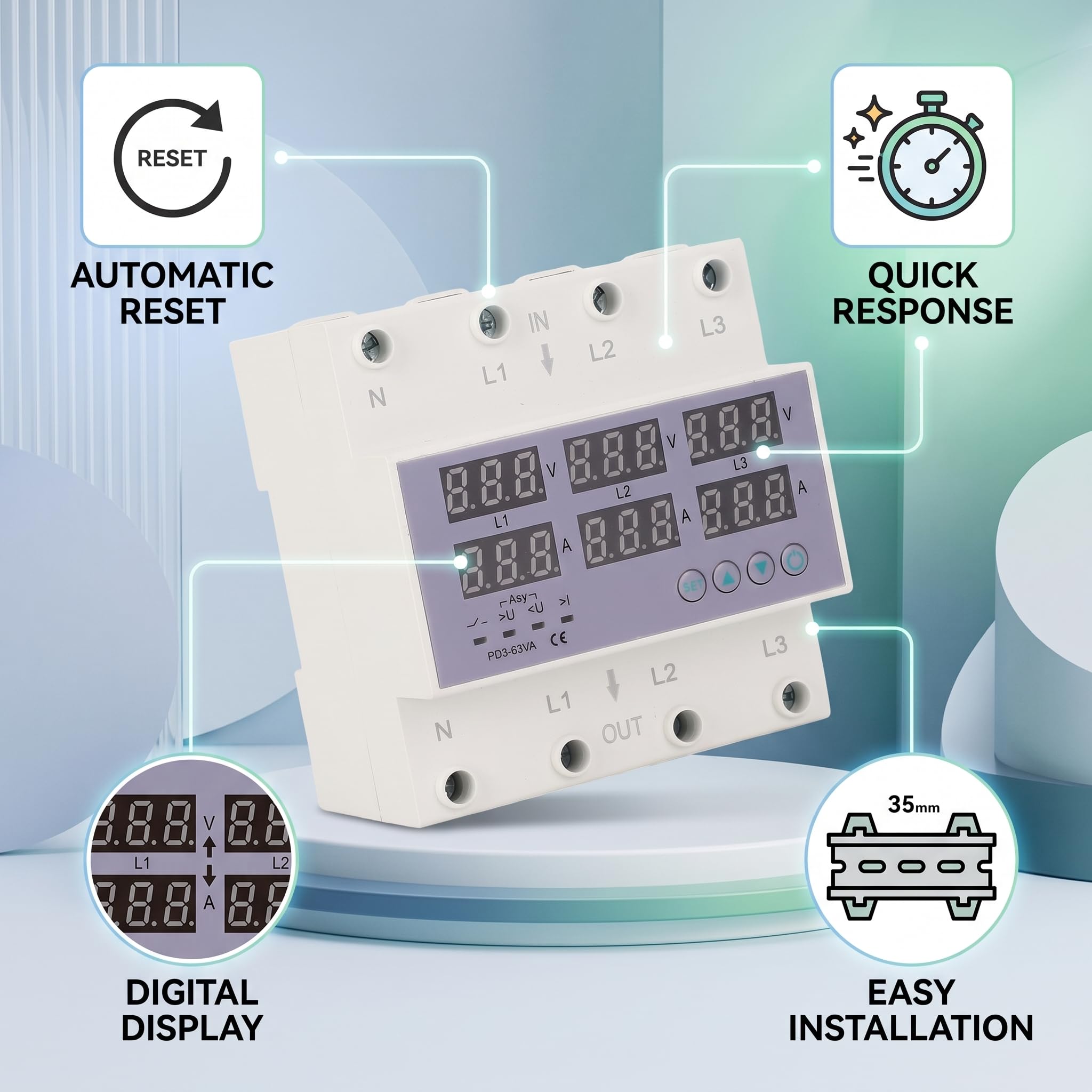 Voltmetro e Amperometro Trifase su Guida DIN con Protezione Sovracorrente e Sovratensione, 390-500 V CA 63A